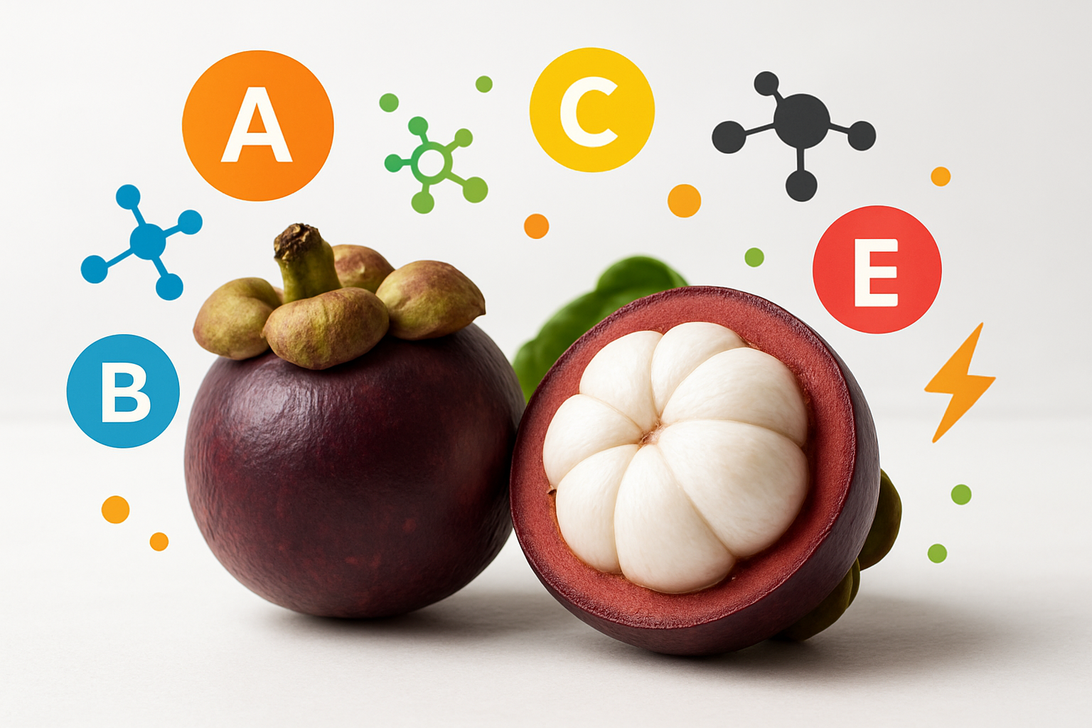 Create a realistic image of fresh mangosteen fruits cut in half displaying their white segmented flesh alongside vibrant symbols of nutrition and health benefits including colorful vitamin icons, antioxidant molecules, and energy symbols floating around the fruit, set against a clean white background with soft natural lighting that emphasizes the fruit's purple exterior and pristine white interior, creating an educational and appealing composition that conveys the nutritional powerhouse concept. Absolutely NO text should be in the scene.