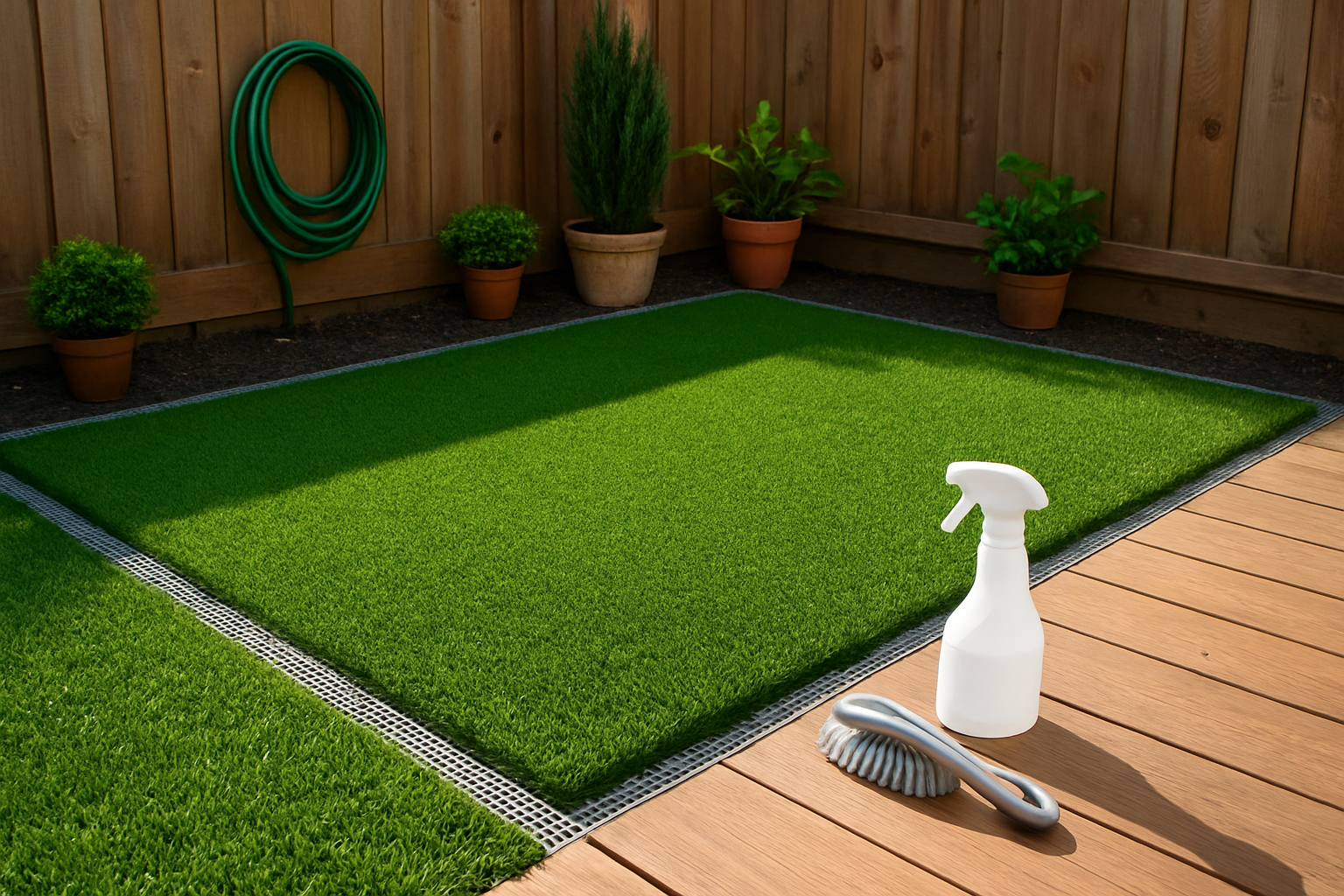 Create a realistic image of a well-maintained artificial grass dog potty area in a backyard showing long-term care, featuring pristine green synthetic turf with a subtle drainage system visible at the edges, a spray bottle and cleaning brush placed nearby on a wooden deck, a hose coiled neatly against a fence, and some small potted plants arranged around the perimeter, captured in bright natural daylight with clear shadows, conveying a clean and well-organized outdoor pet space, absolutely NO text should be in the scene.