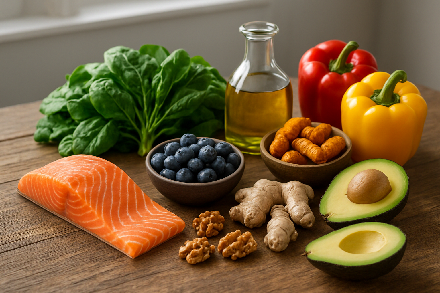 Create a realistic image of a vibrant collection of anti-inflammatory foods artfully arranged on a rustic wooden table, featuring fresh salmon fillet, blueberries, leafy green spinach, bright orange turmeric root, walnuts, olive oil in a glass bottle, colorful bell peppers, avocado halves, and fresh ginger root, with natural daylight streaming from a window creating soft shadows, emphasizing the fresh and nutritious qualities of these age-reversing foods in a clean, healthy kitchen environment, absolutely NO text should be in the scene.