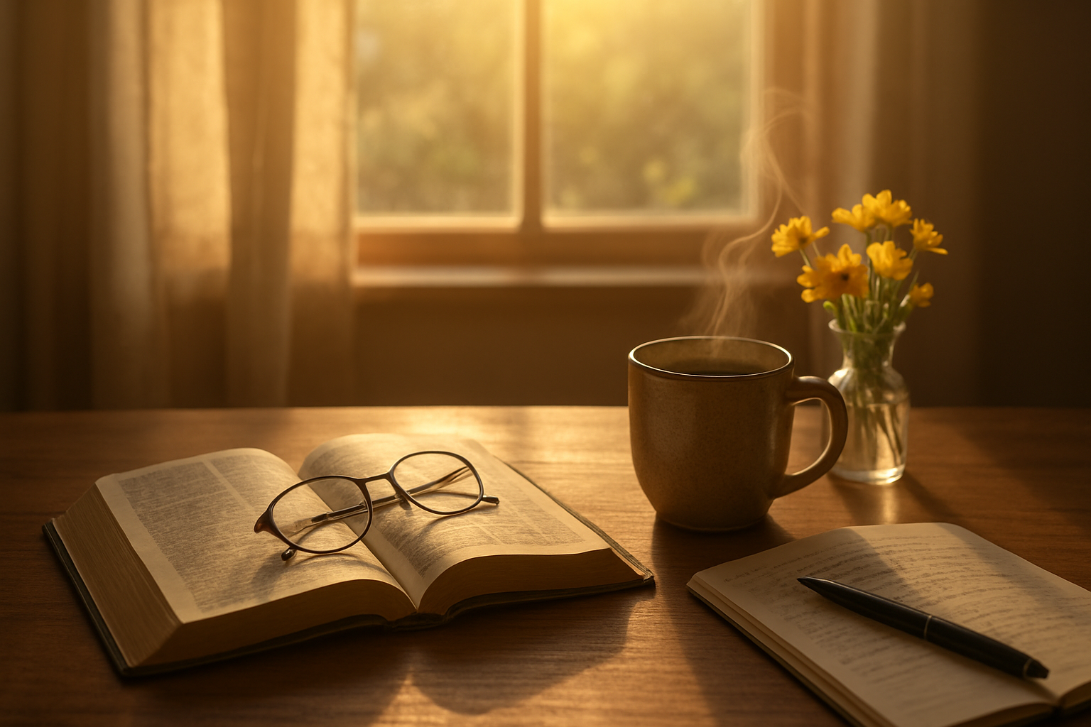 Create a realistic image of a serene morning scene with soft golden sunlight streaming through a window onto a wooden table, featuring an open Bible with reading glasses beside it, a steaming cup of coffee, a small vase with fresh yellow flowers, and a handwritten journal with a pen, all arranged in a peaceful home setting that conveys warmth, gratitude, and spiritual reflection, with gentle natural lighting creating a hopeful atmosphere, absolutely NO text should be in the scene.