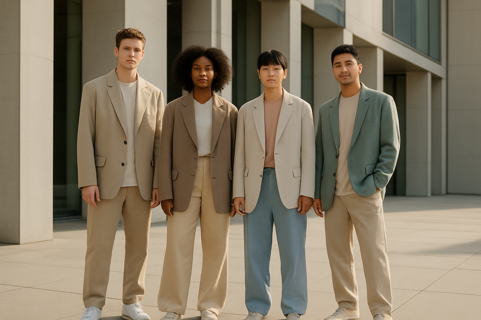 Create a realistic image of a diverse group of young Gen Z individuals including a white male, black female, Asian non-binary person, and Latino male all wearing modern gender-neutral clothing like oversized blazers, flowing pants, unisex sneakers, and minimalist accessories in neutral tones and pastels, standing confidently in a modern urban setting with clean architectural lines and natural lighting, showcasing inclusive fashion that transcends traditional gender boundaries with a positive and empowering mood, absolutely NO text should be in the scene.