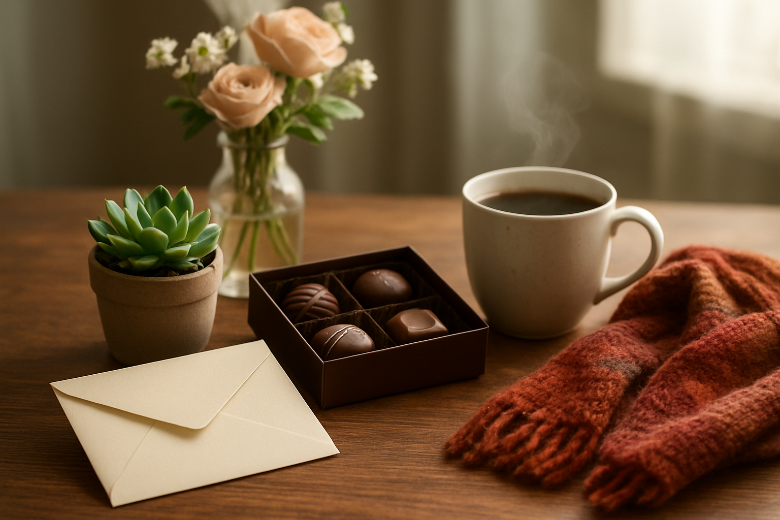 Create a realistic image of a beautifully arranged collection of thoughtful gifts on a wooden table including a handwritten note in an envelope, a small potted succulent plant, a cup of gourmet coffee with steam rising, artisanal chocolates in an elegant box, a soft knitted scarf in warm colors, and fresh flowers in a simple glass vase, with soft natural lighting from a nearby window creating gentle shadows, conveying warmth and careful consideration in gift selection, absolutely NO text should be in the scene.
