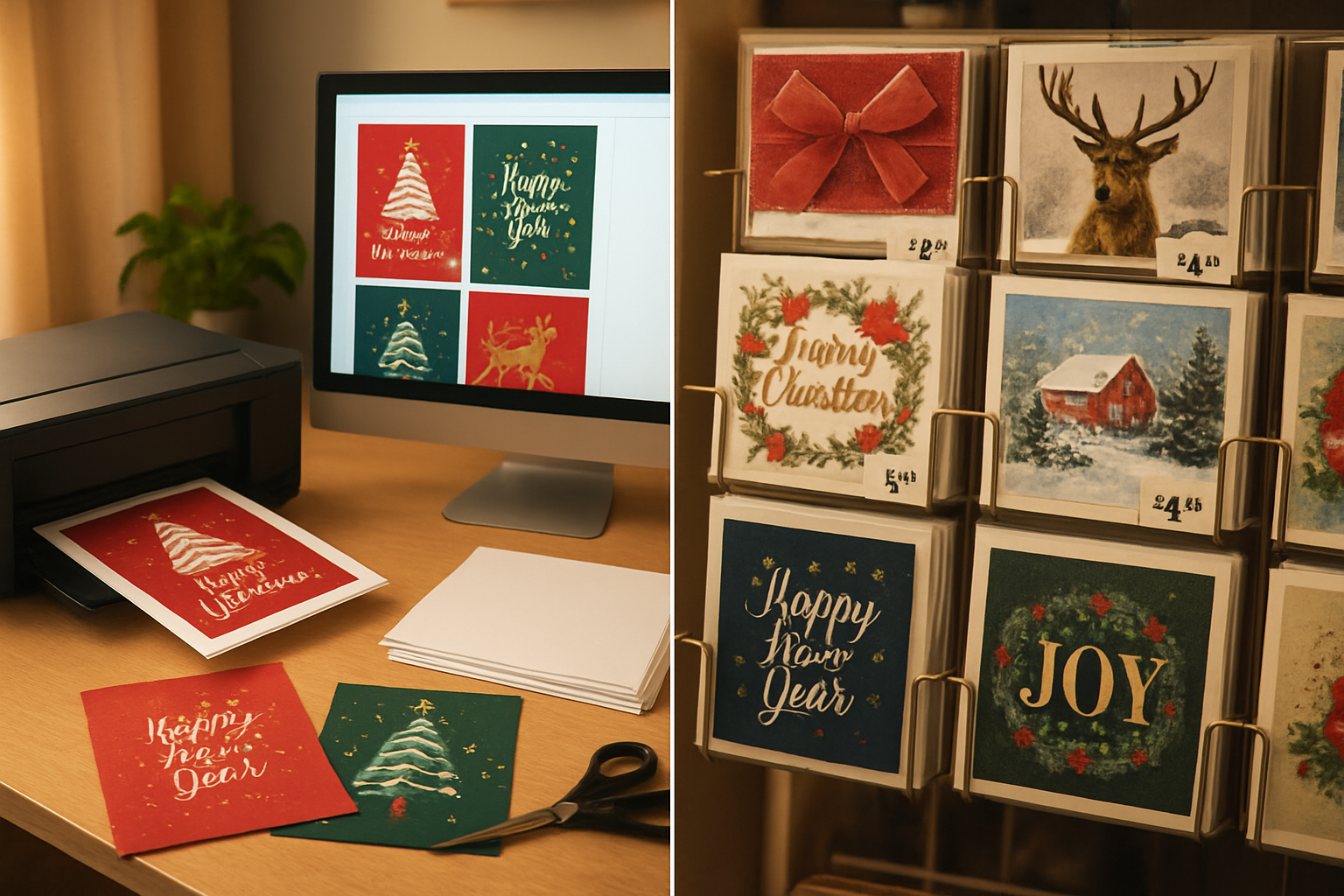 Create a realistic image of a split-screen comparison showing printable Christmas and New Year cards on a home printer setup on the left side with colorful digital card designs displayed on a computer screen, craft scissors, and quality cardstock paper, while the right side shows expensive traditional store-bought greeting cards with price tags in a retail display rack, emphasizing the cost-effectiveness and convenience of the printable option, with warm indoor lighting and a cozy home office atmosphere, absolutely NO text should be in the scene.