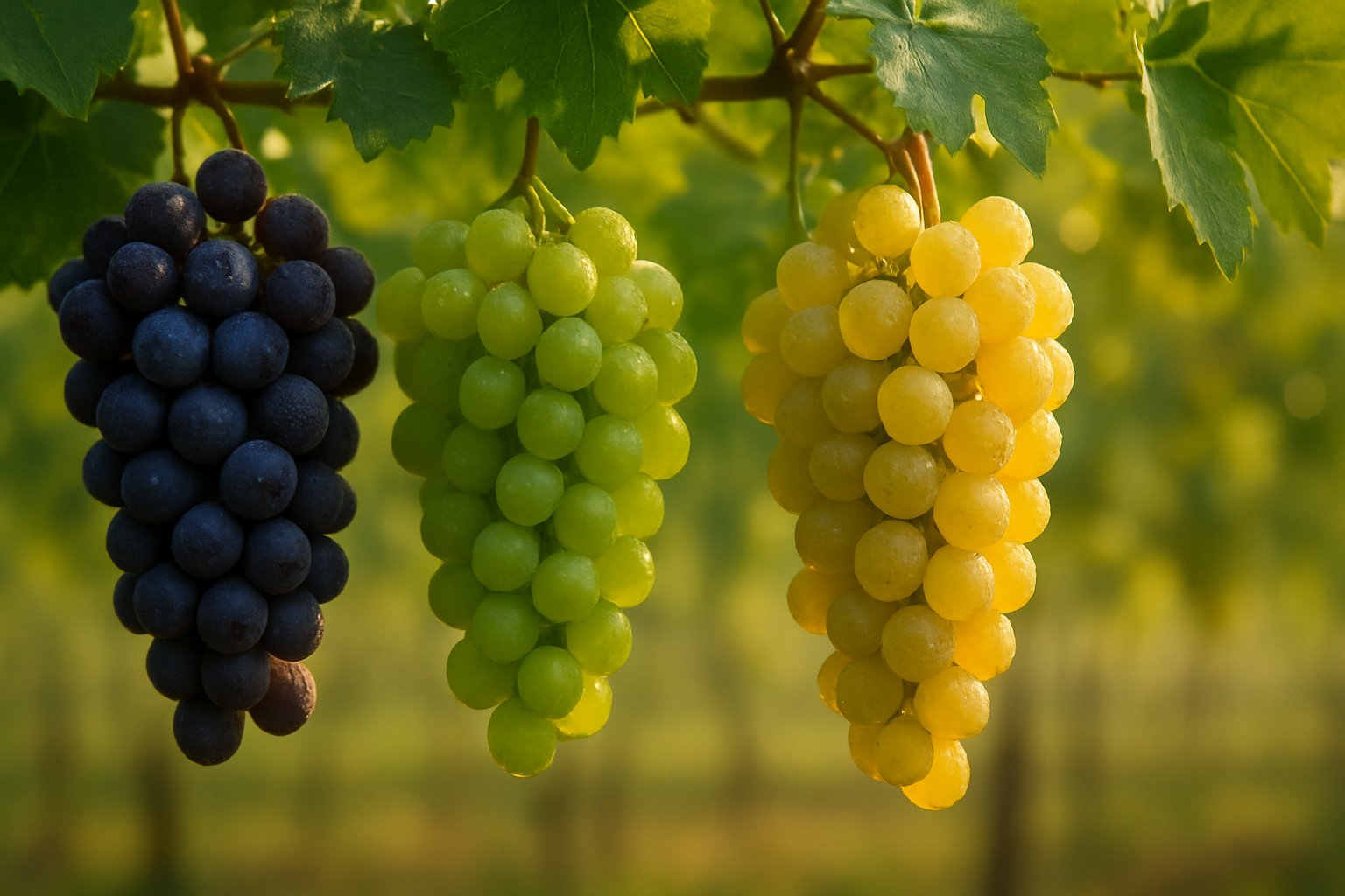 Create a realistic image of a stunning arrangement of various grape varieties showcasing nature's perfection, featuring clusters of deep purple, bright green, and golden yellow grapes with morning dewdrops on their smooth skin, hanging naturally from healthy green vine leaves, set against a soft-focused vineyard background with gentle golden sunlight filtering through, creating a fresh and vibrant natural scene that emphasizes the beauty and perfection of grapes as nature's gift, absolutely NO text should be in the scene.