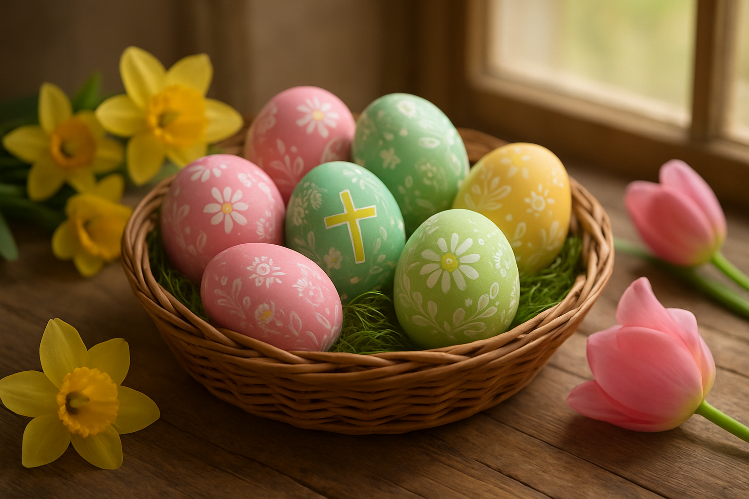Create a realistic image of colorfully decorated Easter eggs arranged in a woven basket on a rustic wooden table, with soft natural lighting streaming through a window, featuring eggs painted in pastel colors like pink, blue, yellow, and green with intricate floral patterns and religious symbols, surrounded by fresh spring flowers like daffodils and tulips, with a warm and peaceful Easter morning atmosphere, absolutely NO text should be in the scene.
