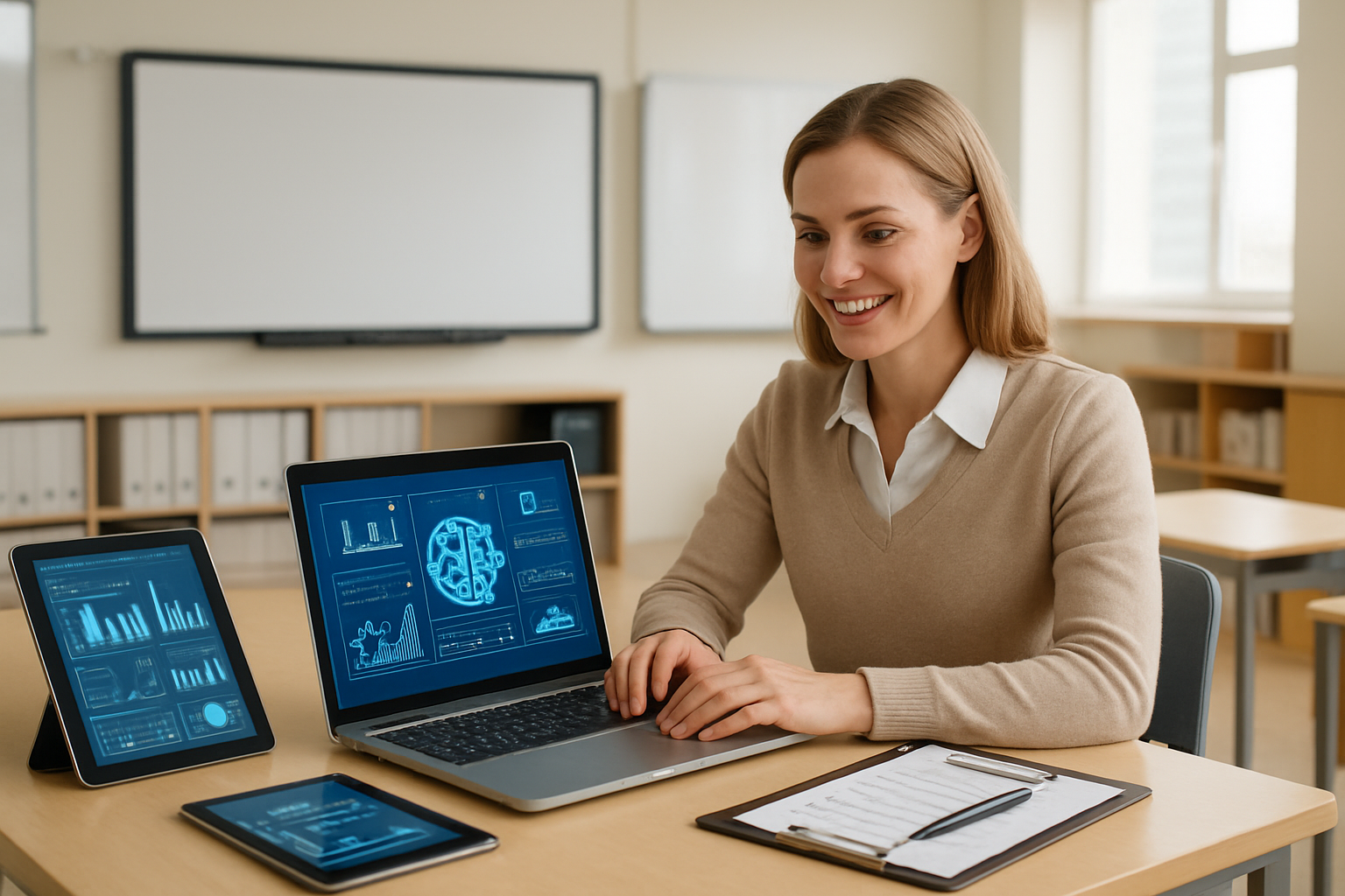 Create a realistic image of a white female teacher sitting at a modern desk with a laptop computer displaying AI interface elements, surrounded by organized digital tablets, automated grading systems, and efficiency tools, with a bright, clean classroom background featuring smart boards and organized filing systems, conveying a productive and streamlined educational environment with warm natural lighting, absolutely NO text should be in the scene.