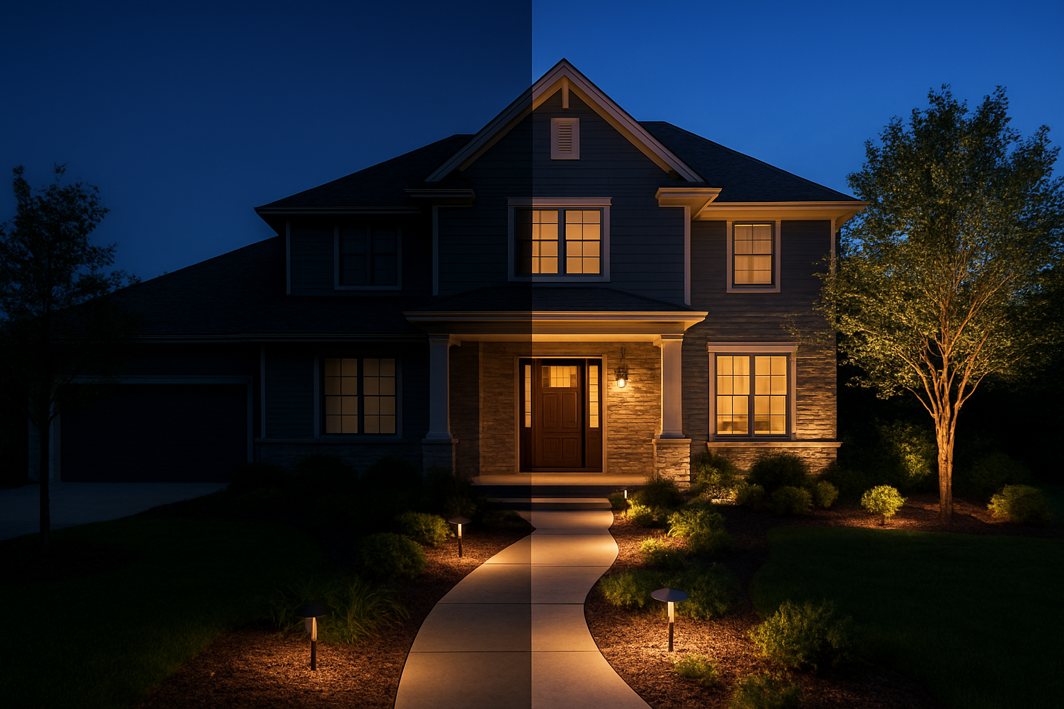 Create a realistic image of a beautiful residential home exterior at dusk showcasing a dramatic before-and-after split composition, with the left half displaying a dimly lit house with minimal basic lighting and the right half showing the same house transformed with strategic outdoor lighting including pathway lights, uplighting on trees and architectural features, warm porch lighting, and landscape accent lights, creating a welcoming and luxurious ambiance that emphasizes increased curb appeal and property value, set against a twilight sky with well-maintained landscaping and no visible neighboring distractions, absolutely NO text should be in the scene.
