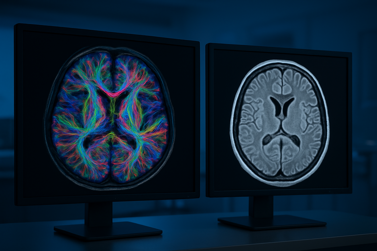 Create a realistic image of a split-screen comparison showing on the left side a detailed colorful diffusion MRI brain scan with visible white matter tracts and fiber pathways highlighted in vibrant colors against a dark background, and on the right side a traditional grayscale MRI brain scan showing clear anatomical structures, both displayed on modern medical monitors in a dimly lit radiology room with soft blue ambient lighting, demonstrating the enhanced capabilities and visual differences between diffusion MRI technology and conventional brain imaging methods. Absolutely NO text should be in the scene.