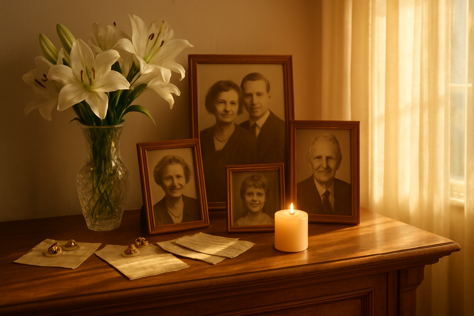 Create a realistic image of a warm, sunlit living room with a wooden mantelpiece displaying framed family photographs of different generations, fresh white lilies in a crystal vase, a lit candle with soft flickering light, and cherished personal mementos like vintage jewelry and handwritten letters scattered gently around the photos, with golden afternoon light streaming through sheer curtains creating a peaceful, honoring atmosphere that celebrates a life well-lived, absolutely NO text should be in the scene.
