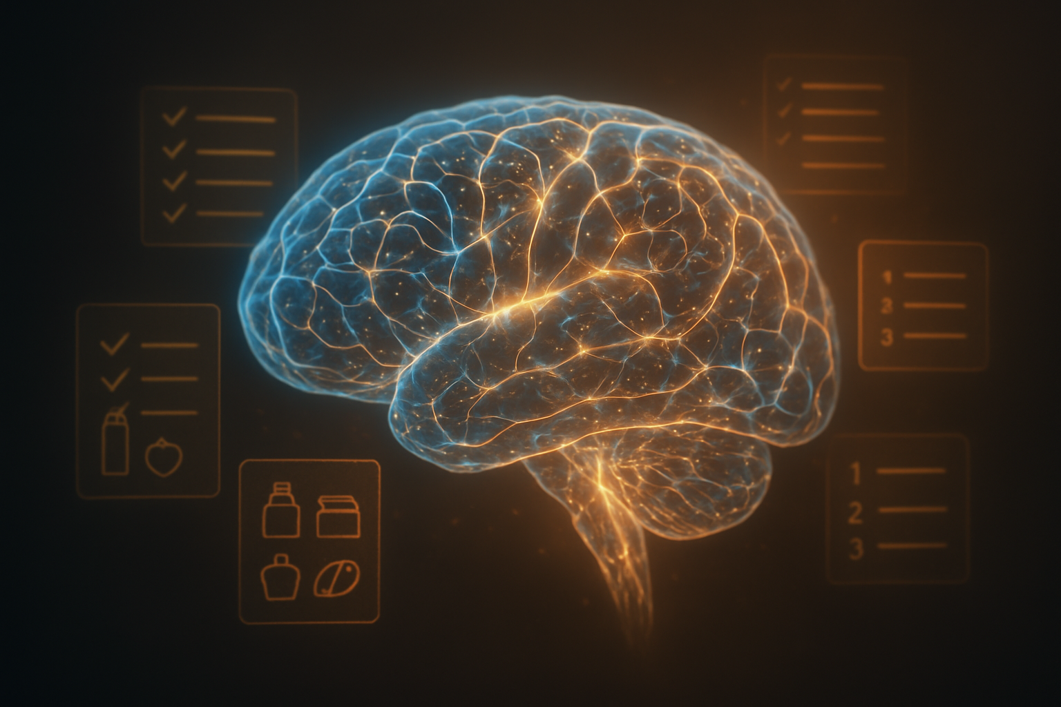 Create a realistic image of a close-up view of a human brain made of interconnected glowing neural pathways in soft blue and golden light, surrounded by floating organized lists and grouped items like grocery items, numbers, and tasks that appear to be flowing smoothly into the brain's memory centers, set against a dark gradient background with subtle warm lighting that creates a sense of achievement and mental clarity, showing the concept of successful list memorization and retention. Absolutely NO text should be in the scene.