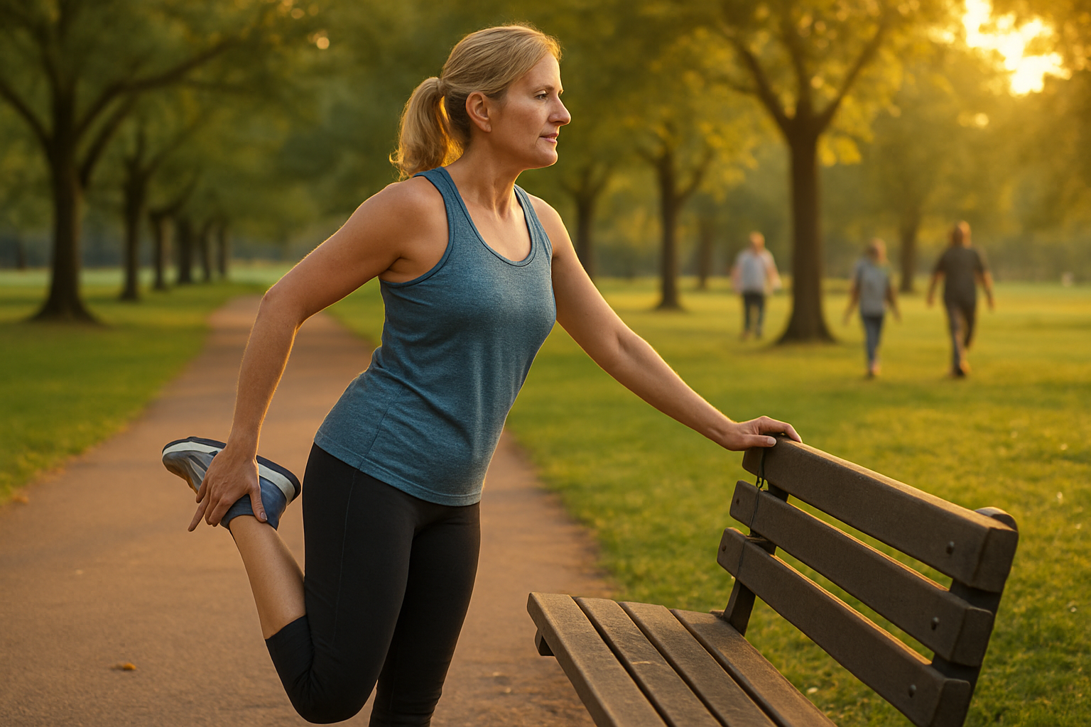 Create a realistic image of a middle-aged white female runner in her 40s wearing proper running shoes and athletic wear, stretching against a park bench before starting her run, with a peaceful tree-lined jogging path in the background during golden hour lighting, showing a calm and encouraging atmosphere for beginner runners, with other mature adults walking and exercising safely in the distance, absolutely NO text should be in the scene.
