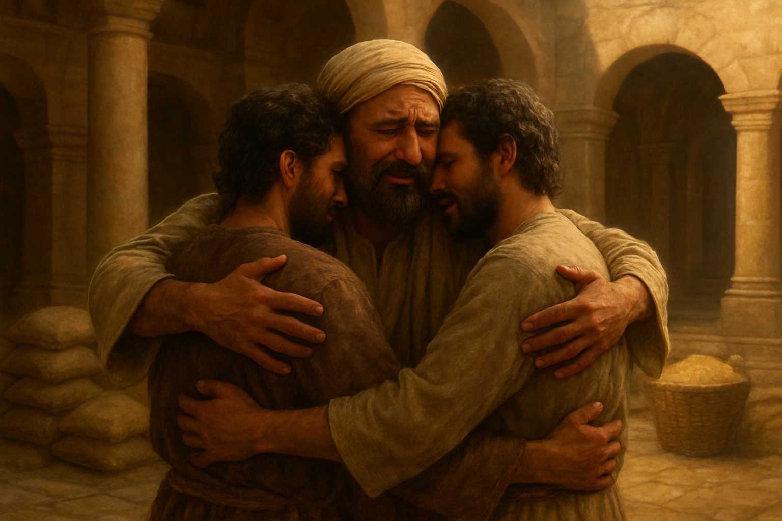 Create a realistic image of a Middle Eastern male father figure in ancient biblical clothing embracing his adult sons in a warm, emotional reunion scene, set in a grand ancient palace courtyard with stone columns and archways, golden warm lighting suggesting forgiveness and restoration, with grain sacks and abundance visible in the background representing provision and prosperity, the atmosphere conveying deep emotion, reconciliation and familial love, Absolutely NO text should be in the scene.