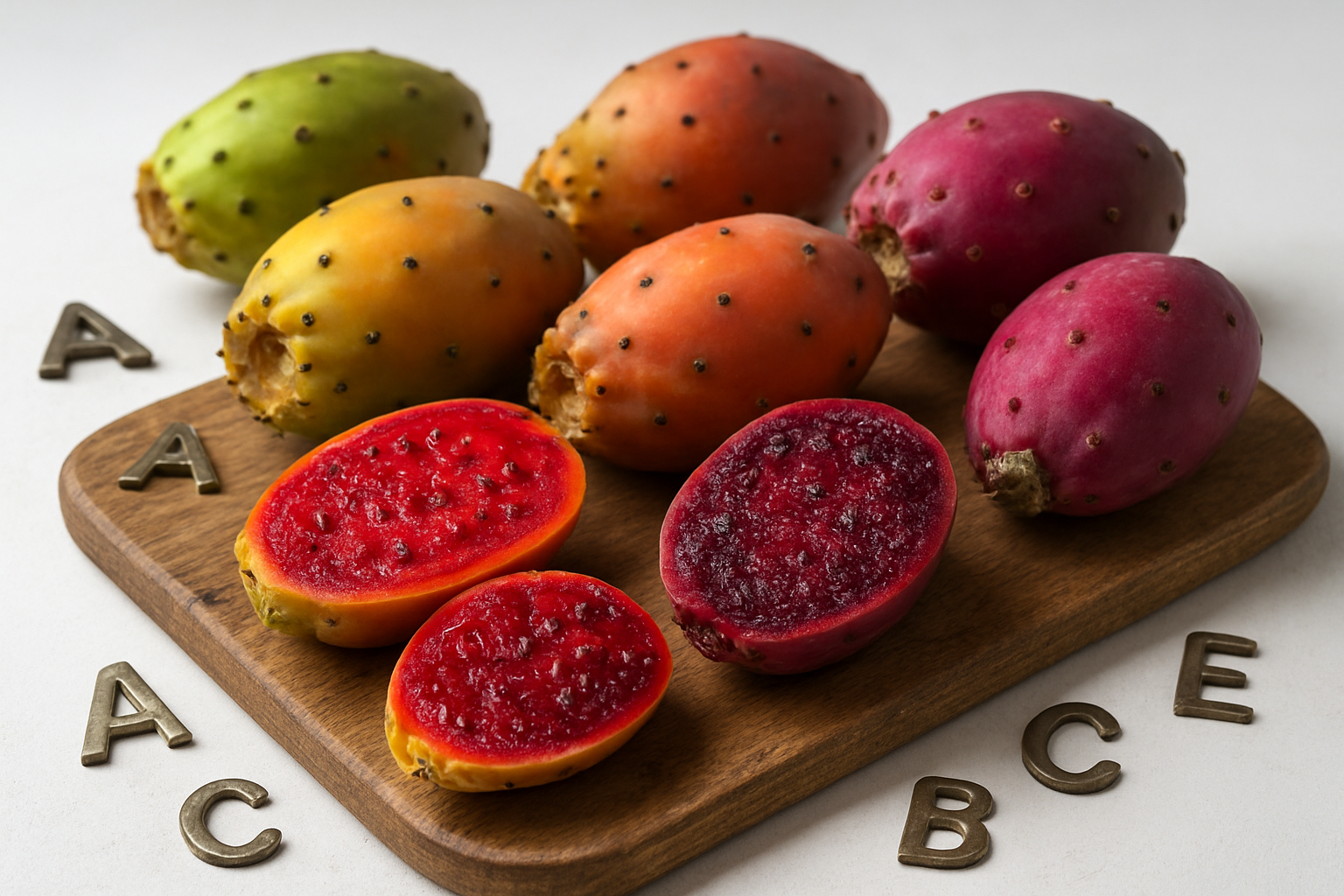 Create a realistic image of vibrant prickly pear cactus fruits in various stages of ripeness, some cut open to reveal their juicy red and purple interior with small black seeds, arranged on a rustic wooden cutting board alongside whole fresh fruits with their colorful skin ranging from green to deep magenta, surrounded by scattered nutritional elements like vitamin symbols naturally integrated into the composition, with soft natural lighting highlighting the glossy texture and rich colors of the fruit flesh, set against a clean white background with subtle shadows, emphasizing the fresh and healthy appearance of this superfruit, absolutely NO text should be in the scene.