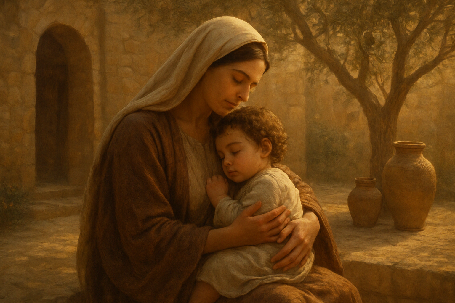 Create a realistic image of a serene biblical scene featuring a Middle Eastern woman in ancient robes gently holding and caring for a young child, set in a warm, golden-lit stone courtyard with olive trees and clay pottery in the background, conveying a sense of devotion and maternal love through soft, warm lighting that creates a peaceful and reverent atmosphere. Absolutely NO text should be in the scene.