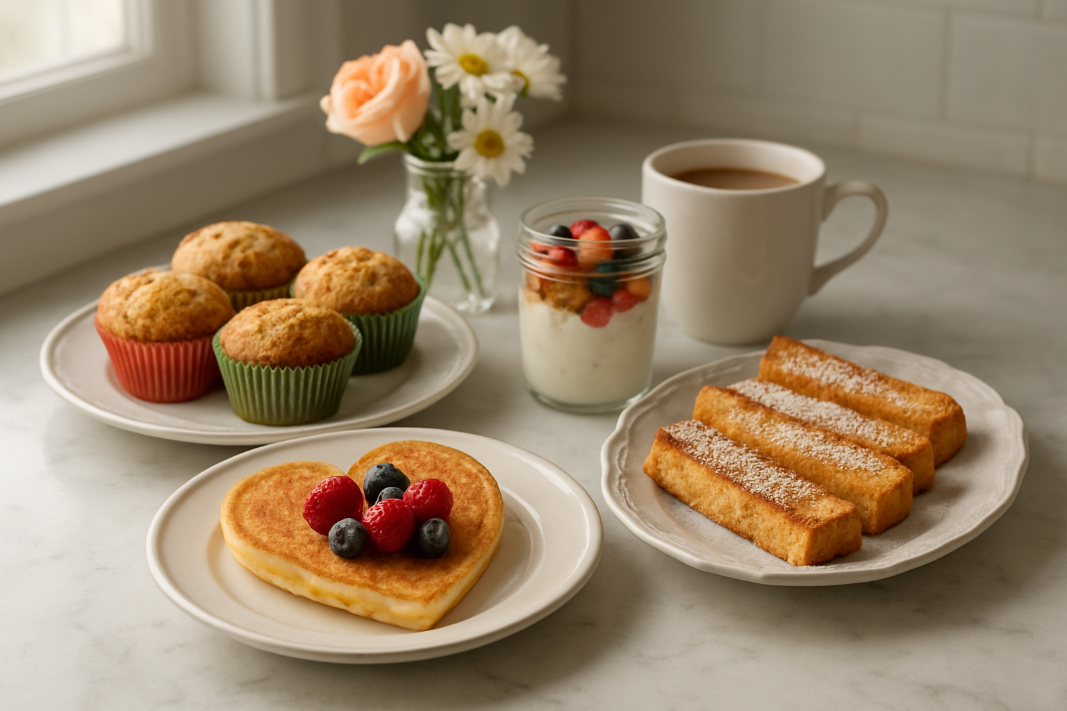 Create a realistic image of an elegant breakfast spread on a marble kitchen counter featuring quick and easy treats including heart-shaped pancakes with fresh berries, fluffy muffins in colorful paper liners, golden French toast sticks with powdered sugar, fresh fruit parfait in a glass jar, and a steaming cup of coffee with a small vase of fresh flowers, all arranged on white ceramic plates and vintage-style serving platters with soft natural morning light streaming through a nearby window creating a warm and loving atmosphere perfect for Mother's Day, absolutely NO text should be in the scene.