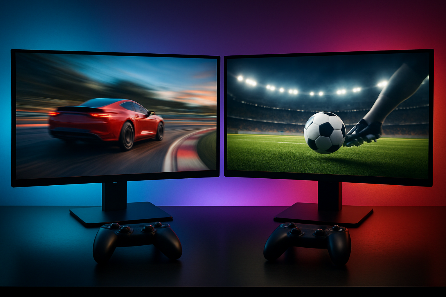 Create a realistic image of a split-screen gaming setup showing two different game types - on the left side a racing car speeding around a curved track with motion blur effects, and on the right side a soccer ball being kicked toward a goal with a stadium in the background, both scenes displayed on modern gaming monitors with wireless controllers placed in front of them on a sleek gaming desk, dramatic lighting with colorful LED backlighting creating an immersive gaming atmosphere, absolutely NO text should be in the scene.