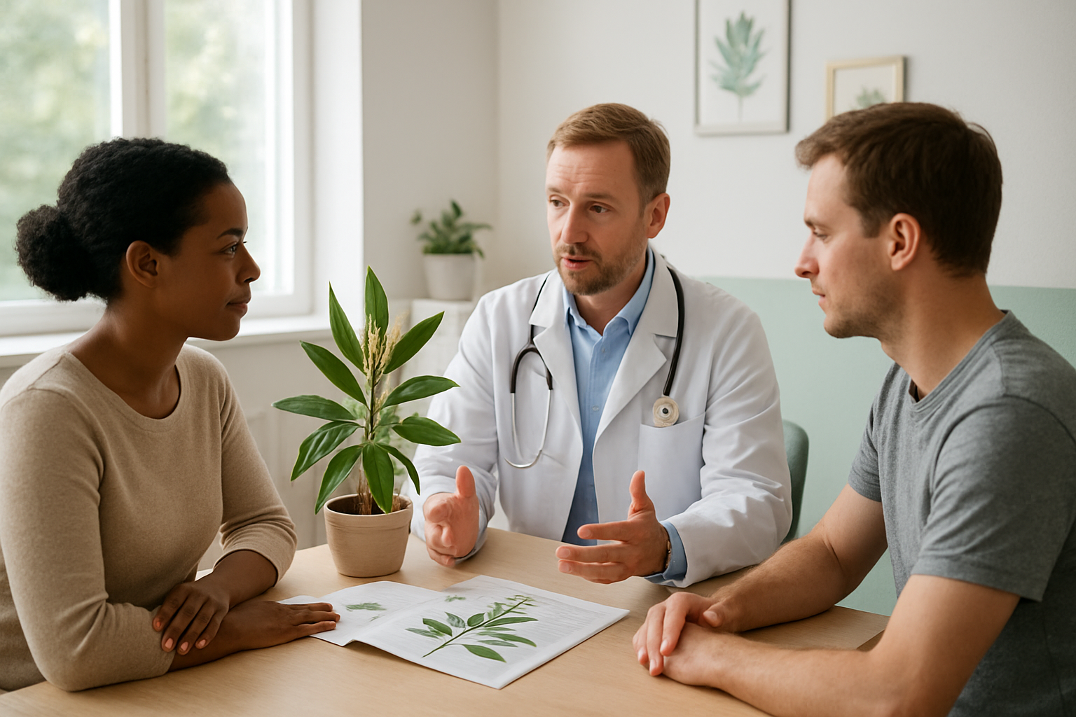Create a realistic image of a serene medical consultation room with a white male doctor in a lab coat sitting across from a diverse group of patients including a black female and white male, with the iboga plant with its distinctive elongated leaves and small flowers prominently displayed on the desk between them, soft natural lighting streaming through a window, calm and hopeful atmosphere, modern medical setting with subtle natural elements, the doctor gesturing toward informational materials about plant-based therapy, patients appearing attentive and engaged, clean white walls with subtle green accents, absolutely NO text should be in the scene.