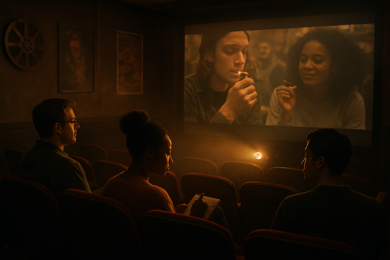 Create a realistic image of a dimly lit independent film screening room with vintage movie theater seats, showing a small intimate audience of diverse people including a white male filmmaker with glasses, a black female critic taking notes, and an Asian male student, all watching a projected film scene on screen that depicts authentic cannabis culture moments, with warm amber lighting from the projector casting atmospheric shadows, film reels and indie movie posters visible on the walls, creating a contemplative and artistic mood that represents authentic storytelling in independent cinema, absolutely NO text should be in the scene.
