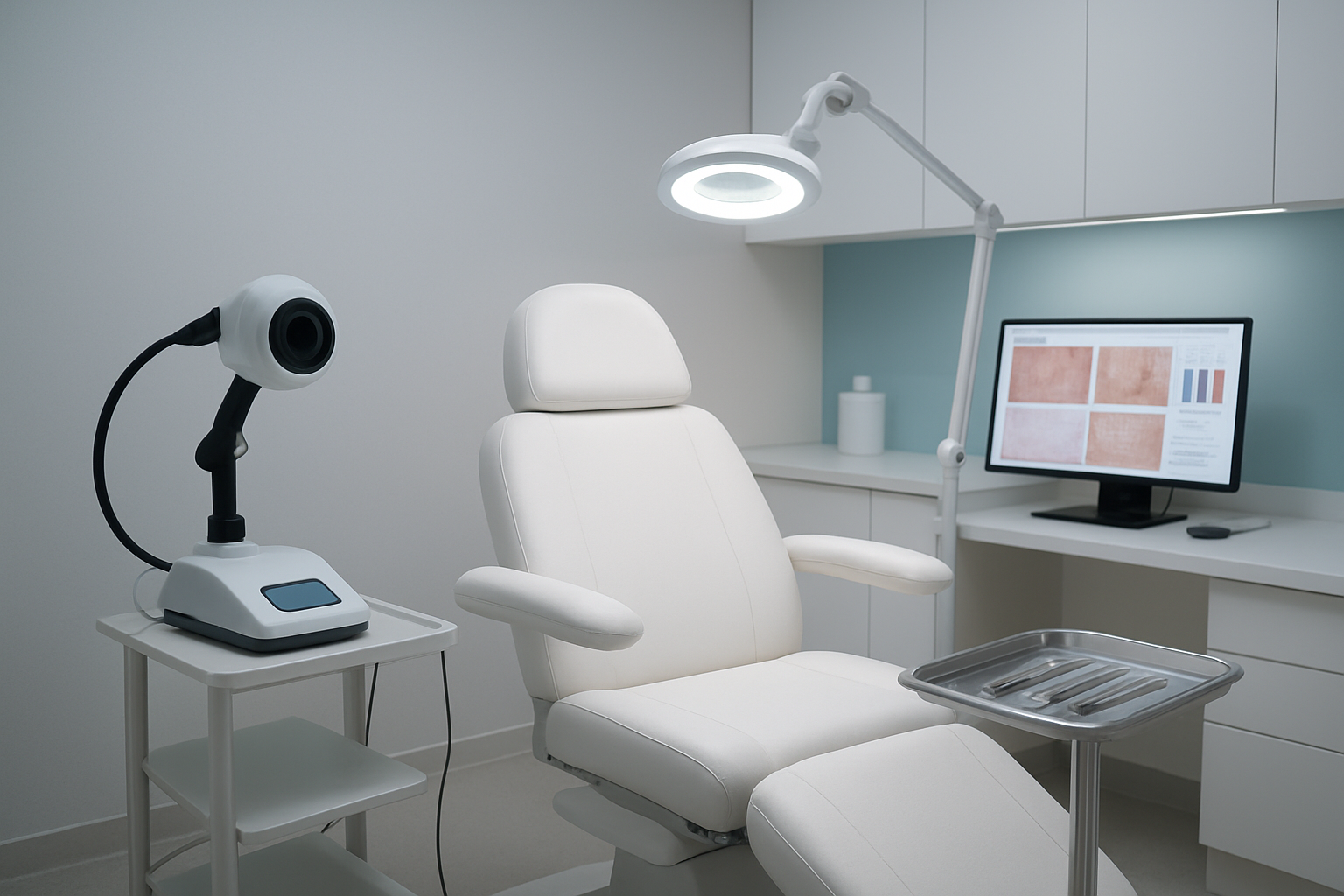 Create a realistic image of a modern dermatology clinic examination room featuring advanced skin diagnostic equipment including a digital dermoscope, magnifying lamp, and computer monitor displaying skin analysis results, with a clean white examination chair in the center, sterile medical instruments neatly arranged on a metal tray, soft clinical lighting creating a professional atmosphere, minimalist white and light blue interior design with medical cabinets in the background, absolutely NO text should be in the scene.