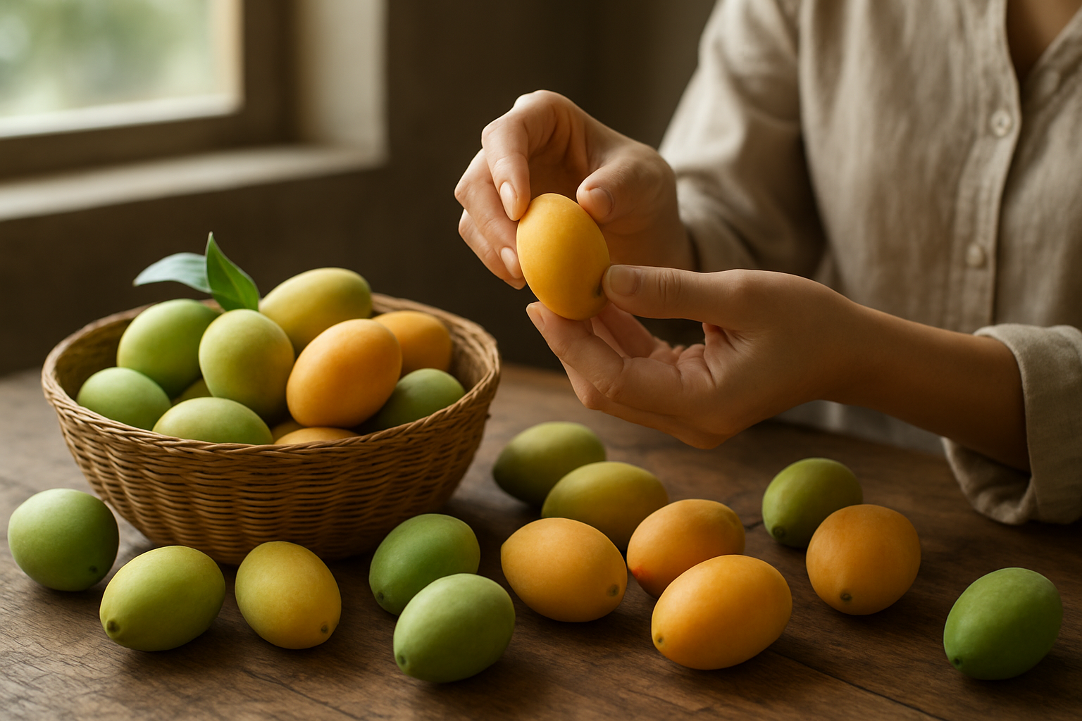 Create a realistic image of fresh Marian plums displayed in various stages of ripeness from green to yellow-orange, with some plums arranged in a wicker basket and others scattered on a rustic wooden surface, showing hands of an Asian female gently examining a plum for ripeness, with soft natural lighting from a kitchen window in the background, creating a warm and inviting atmosphere that emphasizes the selection process, absolutely NO text should be in the scene.