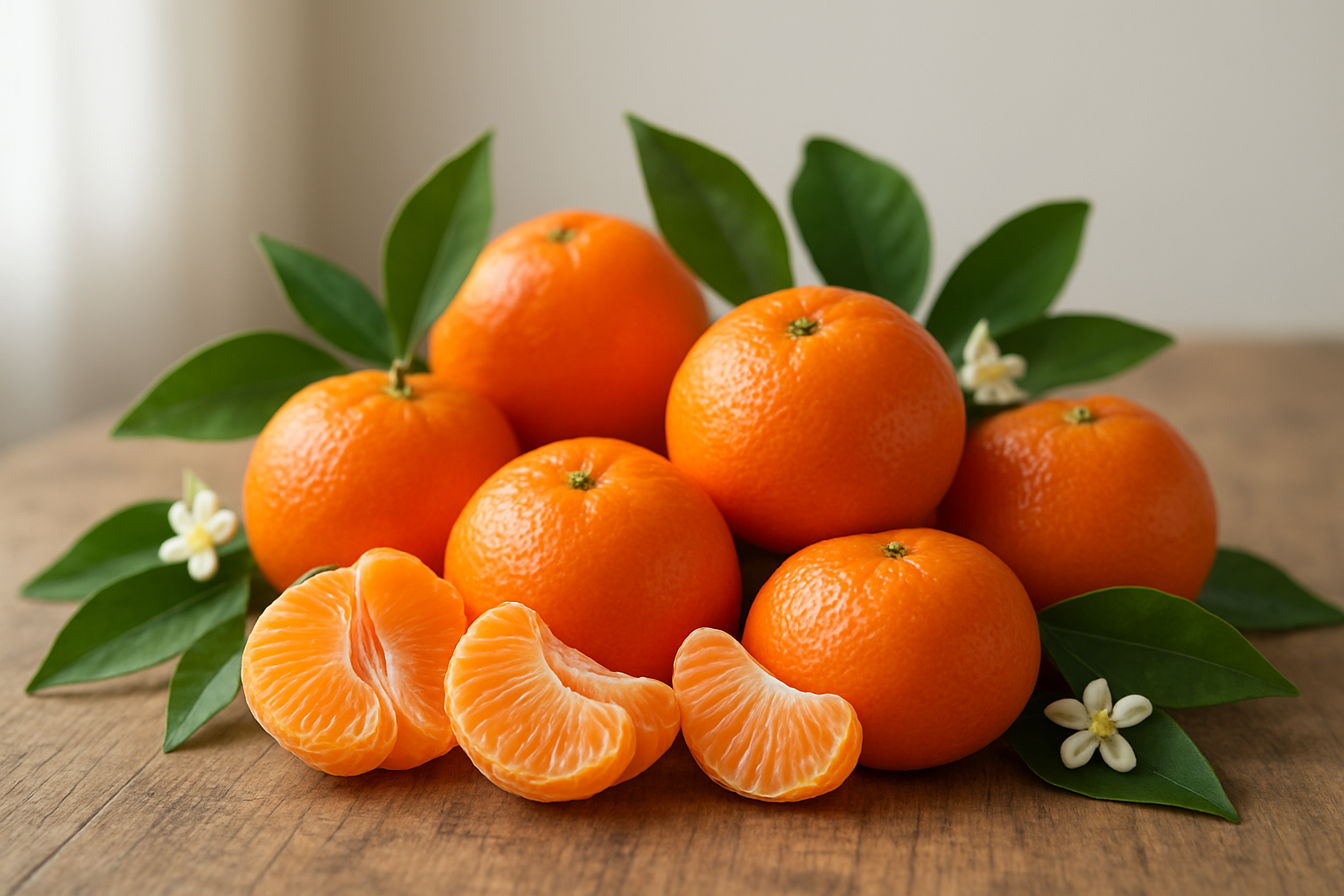 Create a realistic image of fresh, vibrant tangerines arranged in an appealing display with some whole fruits and some peeled segments showing the juicy orange flesh, placed on a rustic wooden surface with soft natural lighting from a window, surrounded by green citrus leaves and small white blossoms, creating a warm and inviting atmosphere that showcases the beauty and freshness of these citrus fruits, with a clean, minimalist background that emphasizes the tangerines as the main focus, absolutely NO text should be in the scene.
