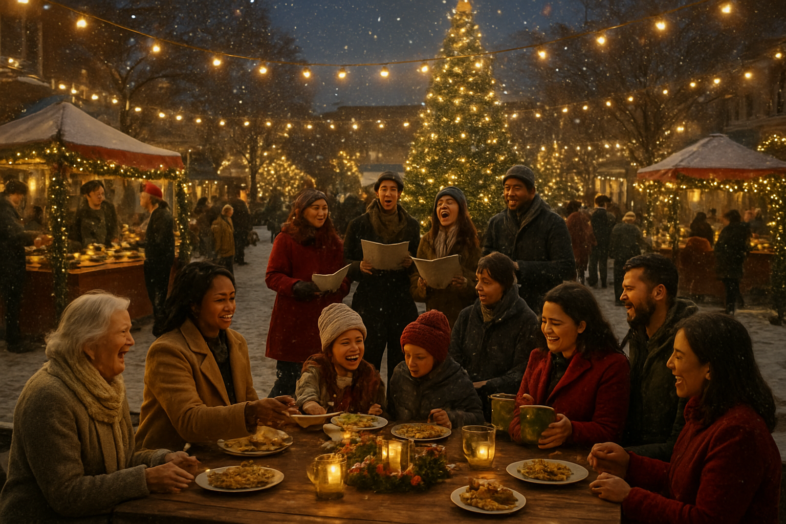Create a realistic image of a diverse community gathering in a town square or park during Christmas evening, featuring people of various races including white, black, Hispanic, and Asian families with children and elderly members sharing food at decorated tables, local business owners setting up festive booths, string lights and Christmas decorations illuminating the scene, people engaged in holiday activities like caroling and gift exchanges, warm golden lighting from lanterns and twinkling lights creating a cozy atmosphere, snow gently falling, Christmas trees scattered throughout the background, and a sense of unity and celebration among all community members, absolutely NO text should be in the scene.