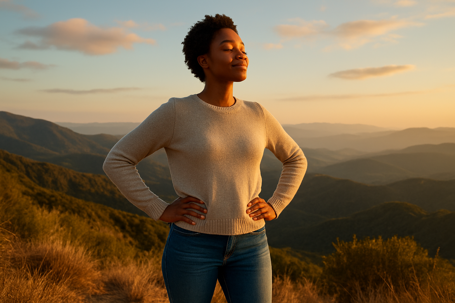 Create a realistic image of a confident young black woman in her late twenties standing on a mountain peak or hillside overlooking a vast landscape, arms gently outstretched or hands on hips in a triumphant yet peaceful pose, wearing casual outdoor clothing like a light sweater and jeans, with warm golden hour sunlight illuminating her face and figure, surrounded by a serene natural environment with rolling hills or mountains in the distance, clear sky with soft clouds, representing personal growth, self-acceptance, and inner strength, with a warm and uplifting mood that conveys achievement and self-discovery, absolutely NO text should be in the scene.