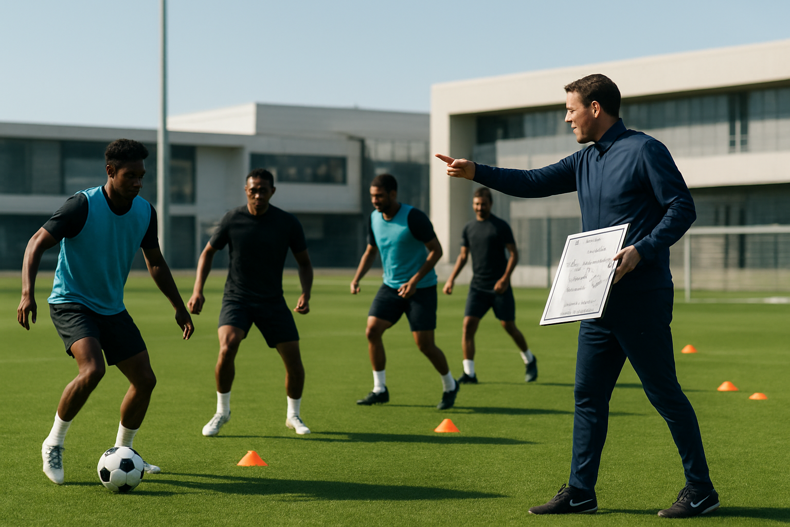Create a realistic image of a professional football training session on a grass practice field showing multiple white and black male players in training gear performing tactical drills with orange cones and training equipment scattered around, a white male coach in tracksuit observing and pointing toward players while holding a tactical board, modern football training facility buildings in the background, bright daylight with clear sky creating sharp shadows on the green pitch, players engaged in passing and positioning exercises demonstrating intensive preparation methods, absolutely NO text should be in the scene.