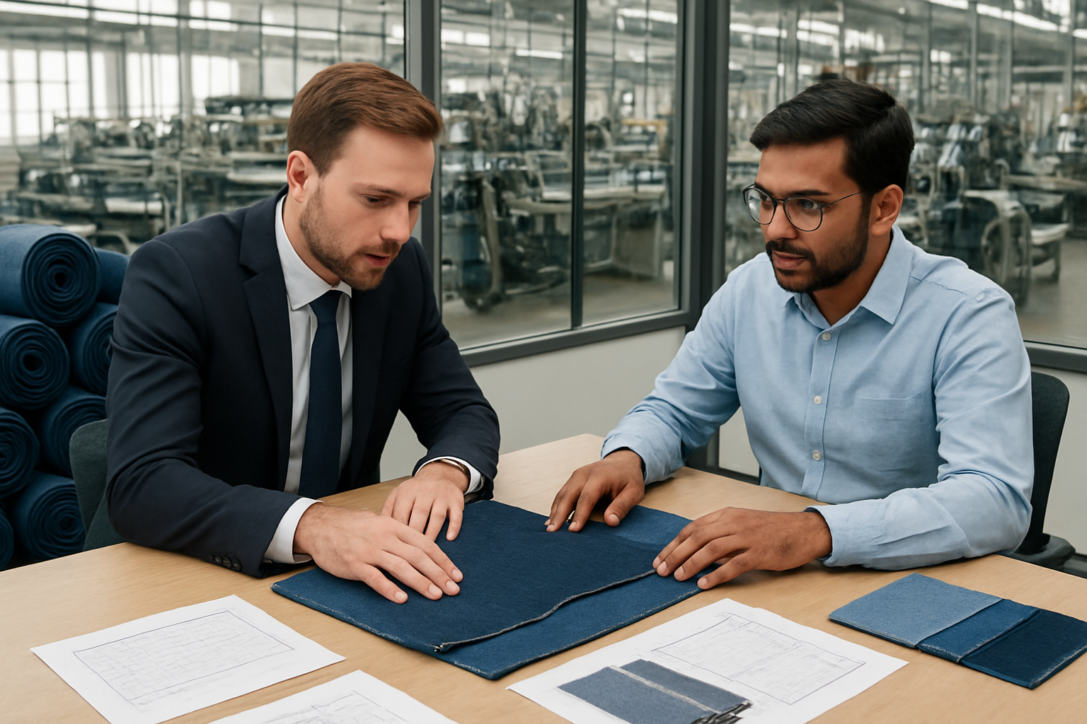 Create a realistic image of a professional business meeting in a modern textile manufacturing facility, featuring a white male businessman in a suit examining denim fabric samples on a conference table while discussing with an Indian male factory owner wearing business casual attire, with industrial denim weaving machinery visible in the background through large windows, bright natural lighting illuminating the scene, rolls of blue denim fabric stacked nearby, quality control charts and fabric swatches spread on the table, creating a collaborative and professional atmosphere in the manufacturing environment, absolutely NO text should be in the scene.