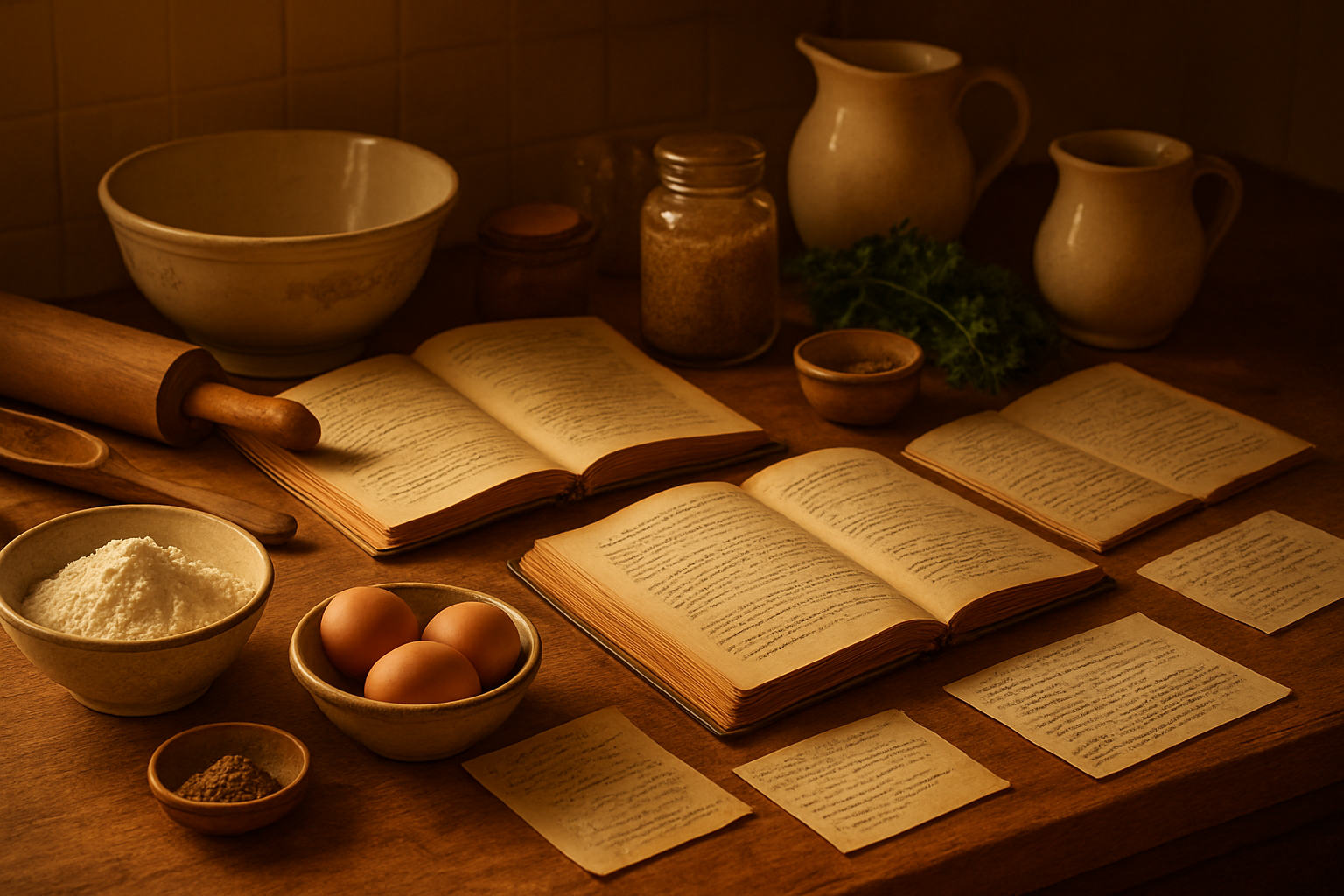 Create a realistic image of an elegant kitchen countertop displaying multiple open recipe books and handwritten recipe cards scattered alongside traditional cooking ingredients like flour, eggs, spices in vintage jars, and fresh herbs, with wooden cooking utensils, a rolling pin, and family heirloom serving dishes arranged naturally around the scene, featuring warm golden lighting that creates a nostalgic and heritage-rich atmosphere, absolutely NO text should be in the scene.