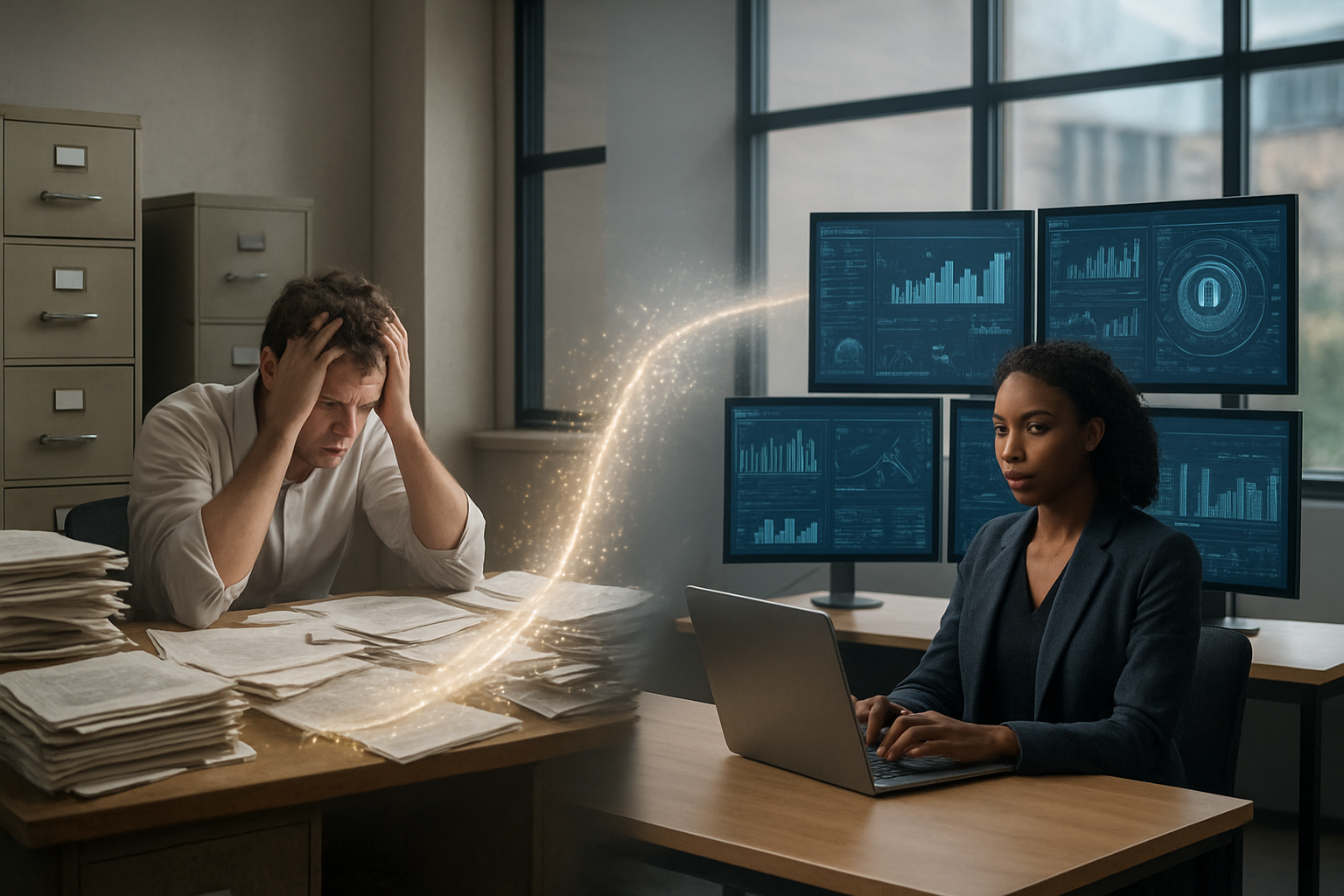 Create a realistic image of a modern workspace showing the contrast between traditional and AI-powered research methods, featuring a cluttered desk on the left side with stacks of paper documents, old filing cabinets, and a frustrated white male researcher surrounded by scattered papers, while the right side shows a clean, organized digital workspace with multiple computer monitors displaying data visualizations, charts, and AI interface elements, with a confident black female researcher working efficiently on a laptop, connected by a flowing digital bridge or pathway made of light particles transitioning from chaos to order, set in a contemporary office environment with natural lighting from large windows, conveying a sense of transformation and progress from limitation to efficiency, absolutely NO text should be in the scene.