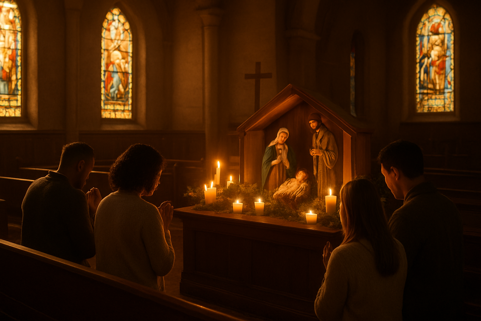 Create a realistic image of a peaceful church interior with warm golden lighting streaming through stained glass windows, showing diverse worshippers of different races and genders kneeling in prayer, with a nativity scene prominently displayed at the altar featuring traditional figurines of Mary, Joseph, and baby Jesus in a manger, surrounded by flickering candles and evergreen decorations, creating a serene and reverent atmosphere that captures the enduring spiritual connection between Bethlehem's significance and modern Christian worship, absolutely NO text should be in the scene.
