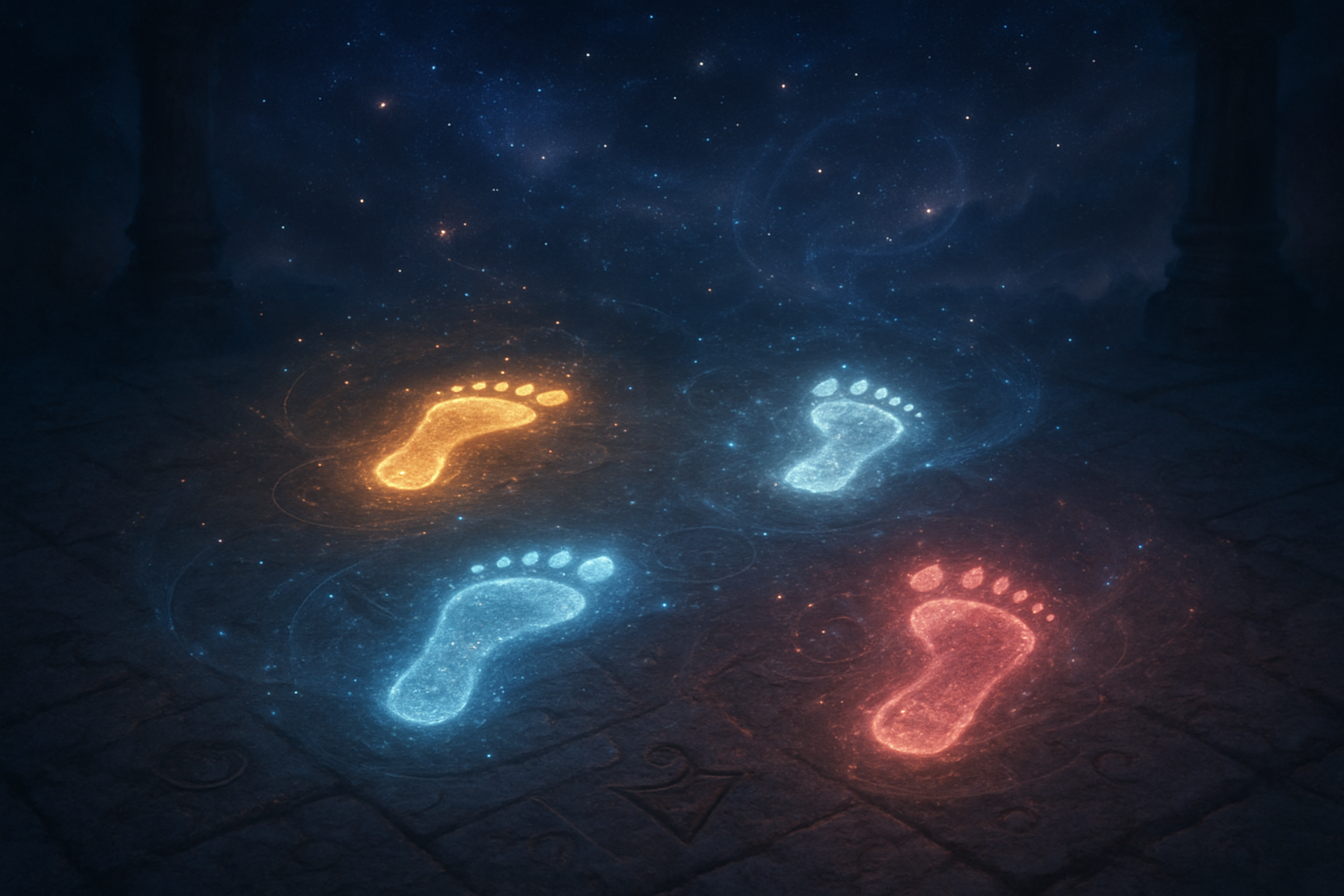 Create a realistic image of four ethereal glowing footprint impressions arranged in a mystical pattern on ancient stone ground, each footprint emanating different colored divine light (golden, silver, blue, and rose), surrounded by celestial star formations and cosmic energy swirls, with traditional Indian astrological symbols subtly carved into the weathered stone surface, set against a deep twilight sky filled with twinkling stars and nebula clouds, creating a sacred and mystical atmosphere with soft luminescent lighting emanating from each footprint, ancient temple pillars barely visible in the misty background, Absolutely NO text should be in the scene.