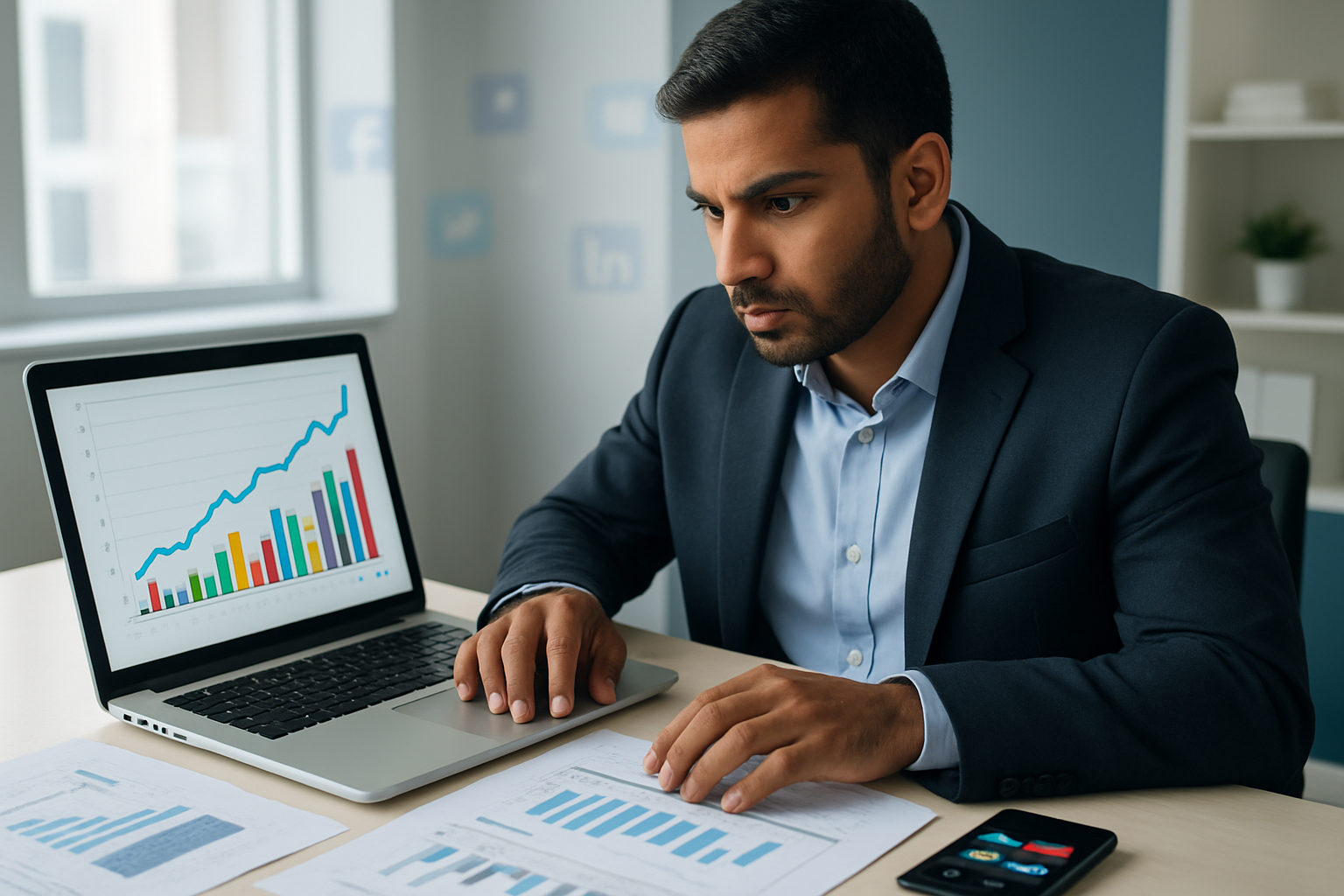 Create a realistic image of a South Asian male business professional in his 30s sitting at a modern office desk, analyzing colorful graphs and charts on a laptop screen showing upward trending sales data, with social media icons floating subtly in the background, smartphone displaying notification badges nearby, calculator and financial documents spread on the desk, bright natural lighting from a window, professional corporate office environment with clean white and blue color scheme, focused concentrated expression on his face, absolutely NO text should be in the scene.