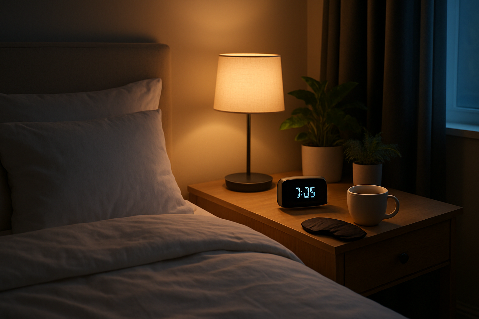 Create a realistic image of a peaceful bedroom scene with a comfortable bed featuring white linens and fluffy pillows, a bedside table with a modern alarm clock showing early evening time, soft warm lighting from a table lamp, blackout curtains partially drawn, a sleep mask and herbal tea cup on the nightstand, plants in the background creating a serene atmosphere, and gentle shadows suggesting a calming environment optimized for quality rest and energy restoration. Absolutely NO text should be in the scene.