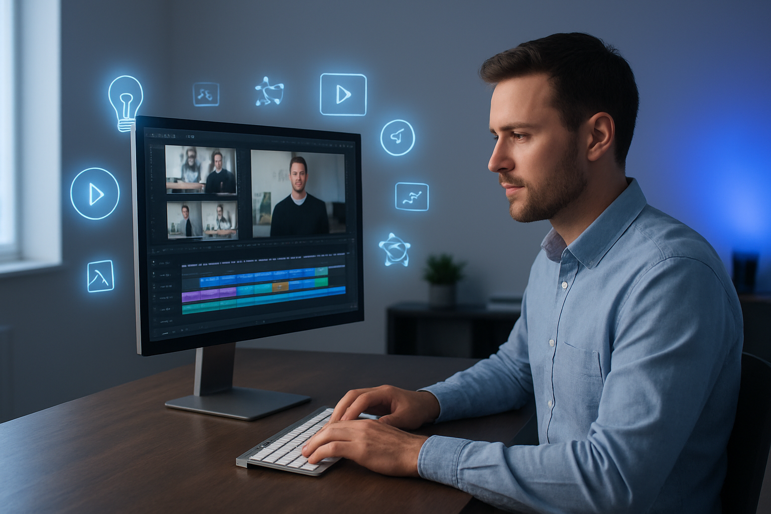 Create a realistic image of a modern workspace showing the AI video creation process, featuring a sleek computer monitor displaying a video editing interface with multiple video thumbnails and timeline, a white male content creator sitting at a desk typing simple text prompts on a keyboard, surrounded by floating holographic icons representing different video concepts like lightbulbs for ideas, play buttons, and creative symbols, with a clean minimalist office background featuring soft natural lighting from a window, professional atmosphere with blue and purple accent lighting, showing the transformation from simple text inputs to polished video content, absolutely NO text should be in the scene.