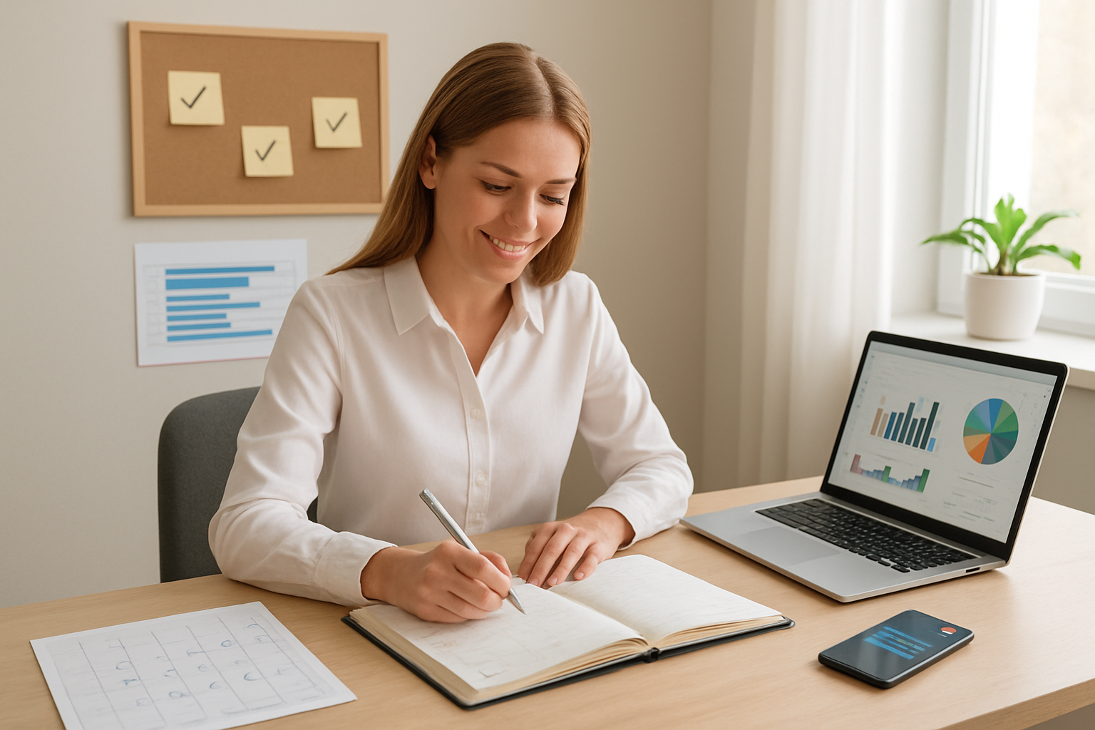 Create a realistic image of a white female professional sitting at a modern desk with an open planner and calendar spread out, using a pen to mark progress checkboxes, with a laptop displaying charts and graphs nearby, a smartphone with notification alerts, sticky notes on a bulletin board showing completed tasks, and a progress tracker chart on the wall, set in a bright, organized home office with natural lighting from a window, conveying a sense of achievement and momentum, absolutely NO text should be in the scene.