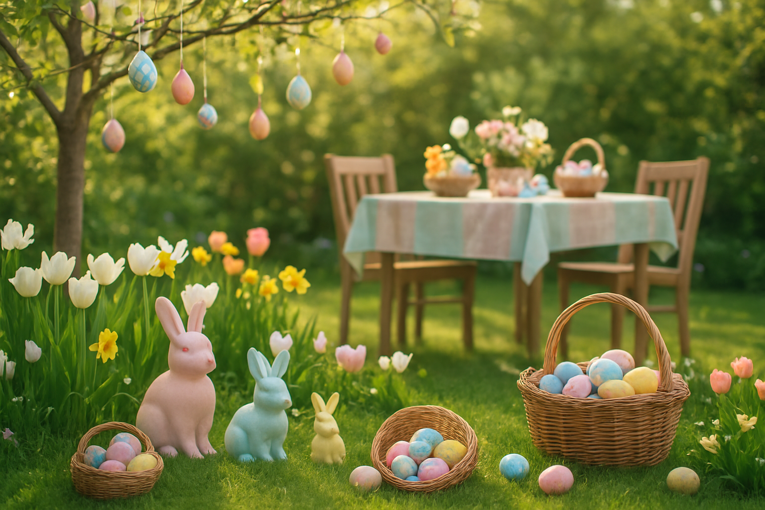 Create a realistic image of a beautifully decorated outdoor garden setting for Easter celebrations featuring colorful Easter eggs hanging from tree branches, pastel-colored bunny figurines placed among blooming spring flowers, wicker baskets filled with decorated eggs scattered on a well-manicured lawn, white and pink tulips and daffodils in full bloom, a wooden garden table set with pastel tablecloth and Easter-themed centerpieces, soft natural daylight filtering through green foliage creating a warm and festive springtime atmosphere, absolutely NO text should be in the scene.
