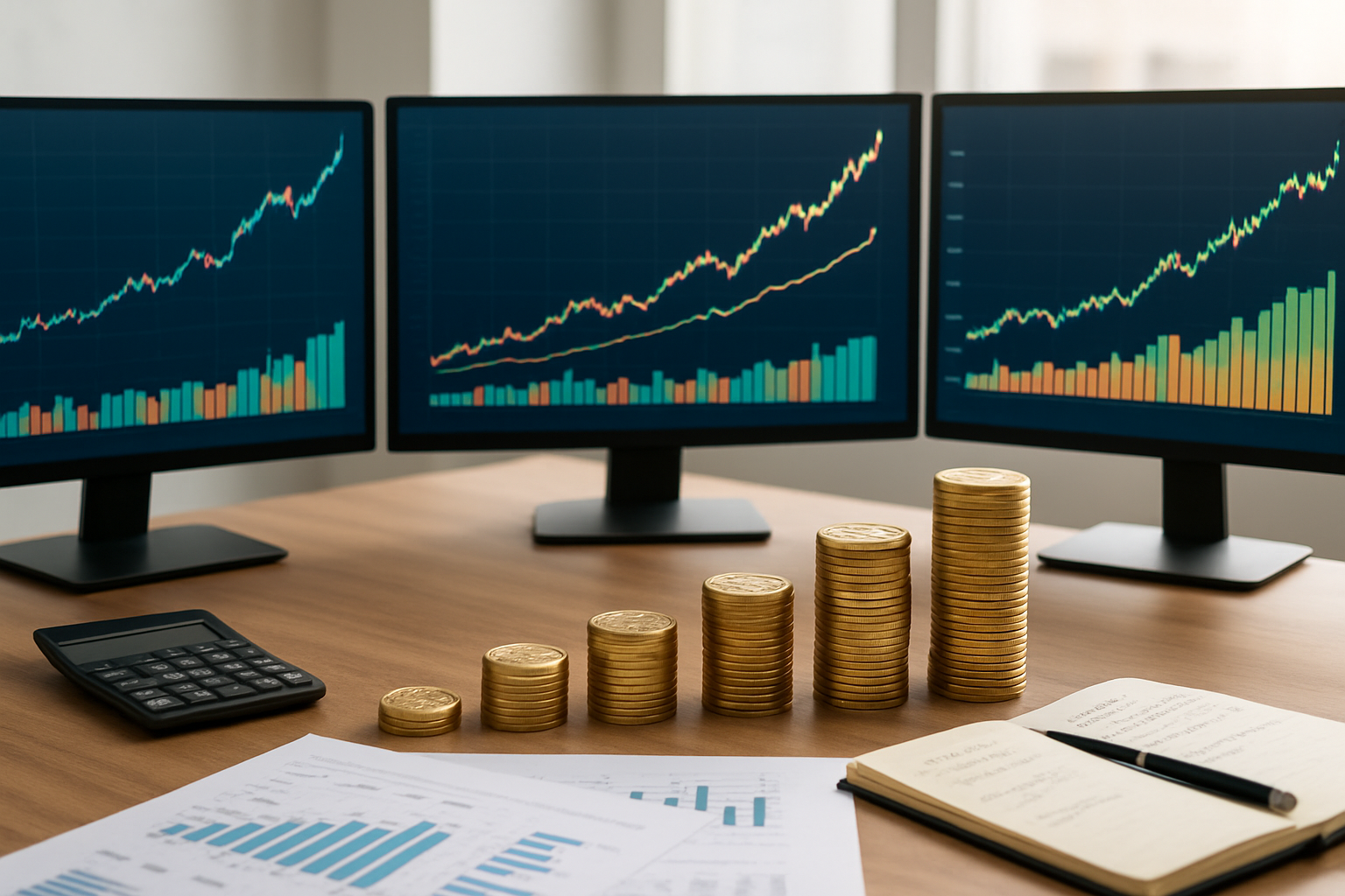 Create a realistic image of a modern desk setup showing cryptocurrency portfolio growth visualization with multiple computer monitors displaying colorful ascending charts and graphs, stacks of coins transitioning from small to larger piles representing portfolio growth from $100 to $1000, a sleek calculator, financial documents, and a notebook with strategic notes, set against a clean office background with soft natural lighting creating a professional and optimistic mood that conveys successful trading progress, absolutely NO text should be in the scene.