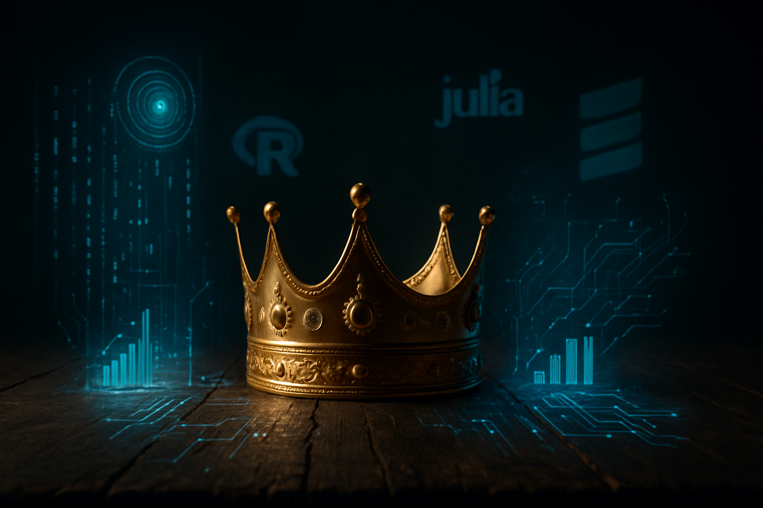 Create a realistic image of a golden crown sitting on a dark wooden table with visible cracks running through it, surrounded by modern technological elements like holographic data streams, glowing circuit patterns, and floating digital analytics symbols, with other programming language logos (R, Julia, Scala) emerging from shadows in the background as competing forces, shot with dramatic lighting that casts long shadows to create a sense of tension and uncertainty, absolutely NO text should be in the scene.