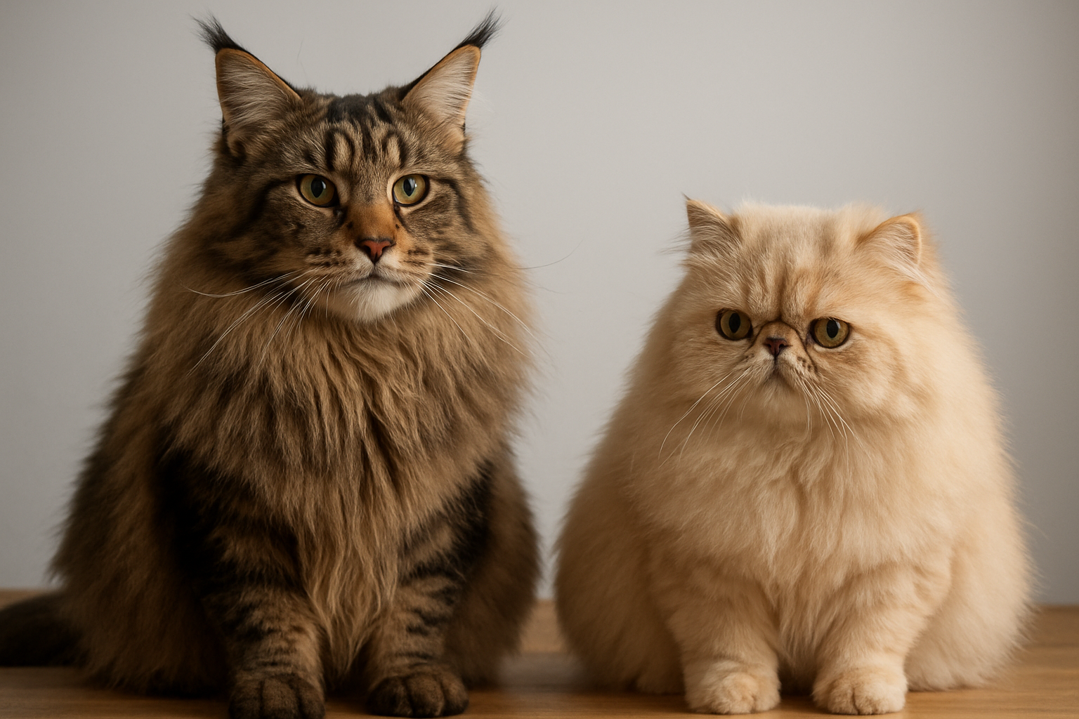 Create a realistic image of a Maine Coon cat and a Persian cat sitting side by side on a neutral wooden surface, showcasing their distinct physical differences with the Maine Coon displaying its large muscular build, tufted ears, long flowing coat, and prominent ruff around the neck, while the Persian cat shows its compact rounded body, flat face, short nose, and dense fluffy coat, both cats positioned at three-quarter angles to clearly display their contrasting facial structures and body types, with soft natural lighting from the side creating gentle shadows that emphasize their different coat textures and physical features, against a clean light gray background that doesn't distract from the cats, absolutely NO text should be in the scene.