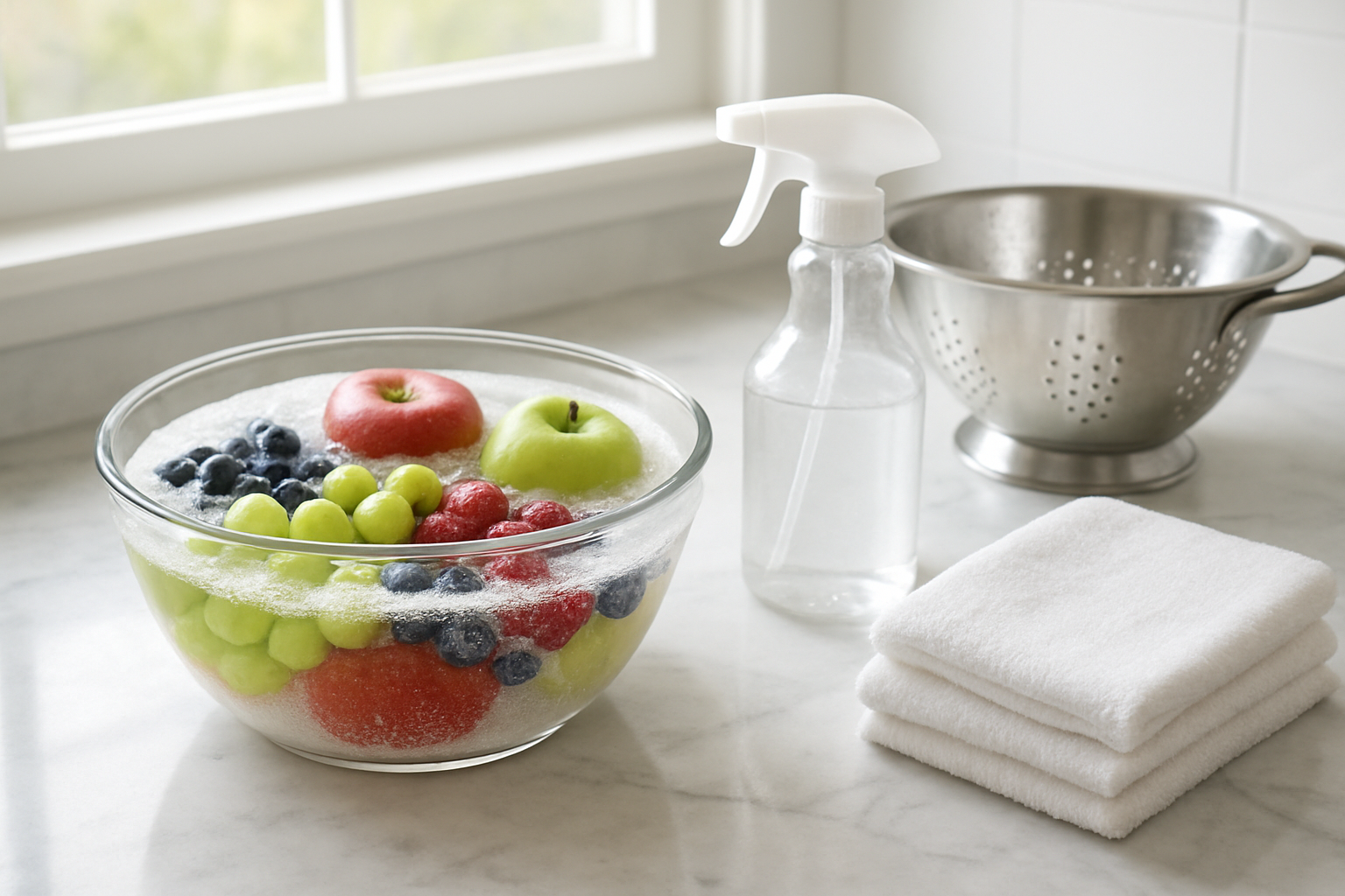 Create a realistic image of a modern kitchen counter setup showing advanced fruit cleaning methods with a bowl of mixed fruits (apples, grapes, berries) soaking in a baking soda solution, a spray bottle with vinegar solution nearby, a colander for rinsing, and clean white towels, all arranged on a clean marble countertop with natural daylight streaming in from a window, creating a fresh and hygienic atmosphere focused on thorough fruit cleaning techniques, absolutely NO text should be in the scene.