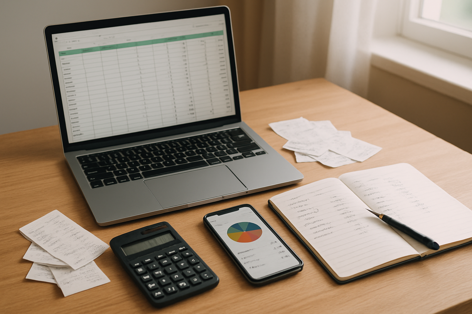 Create a realistic image of a modern desk setup with a laptop computer displaying a budget tracking spreadsheet, alongside a smartphone showing a budgeting app, scattered receipts, a calculator, a notebook with handwritten budget categories and numbers, and a pen, all arranged on a clean wooden desk surface with soft natural lighting from a nearby window, warm and organized atmosphere conveying financial planning and money management activities, absolutely NO text should be in the scene.