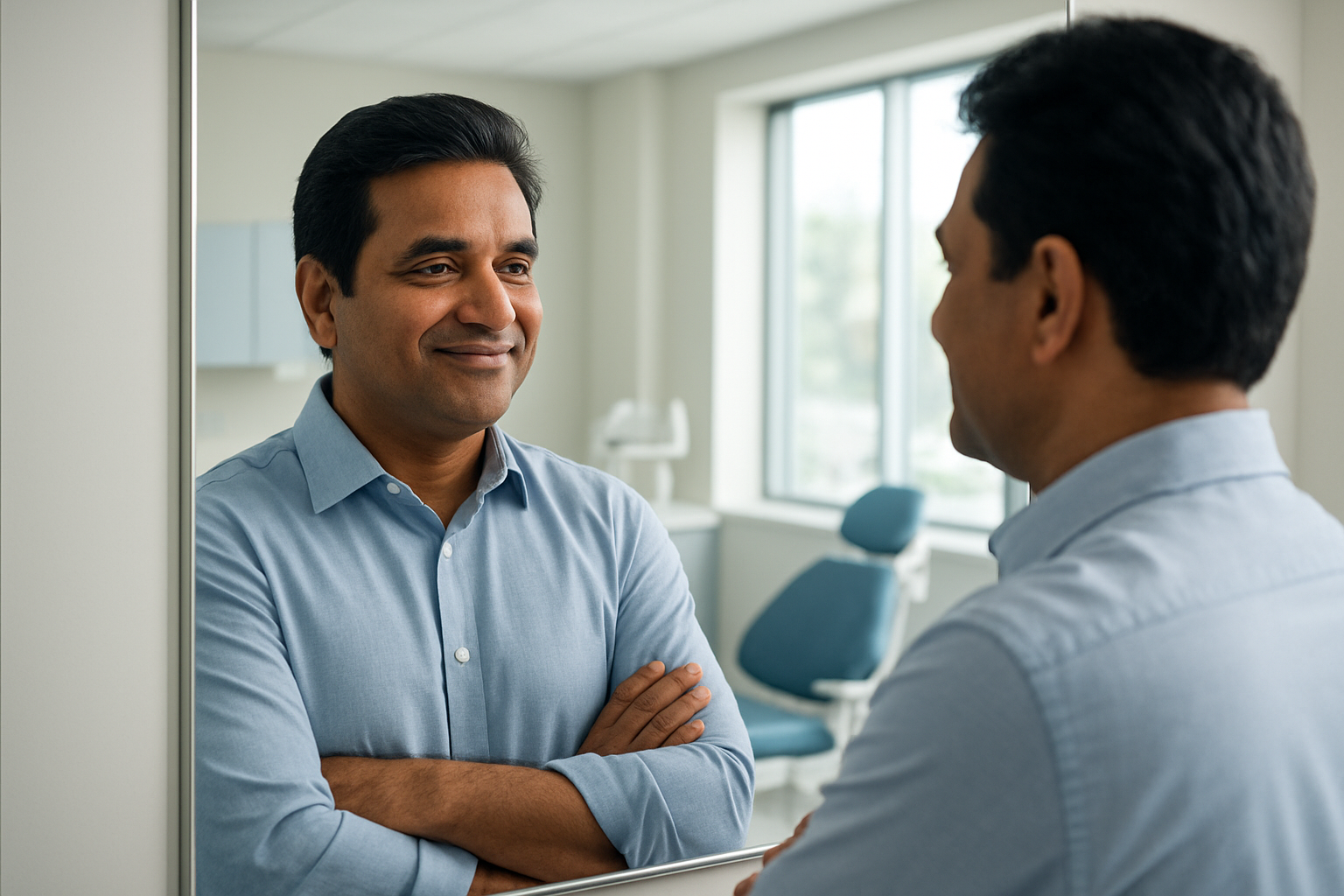 Create a realistic image of a satisfied middle-aged Indian male patient looking at himself in a modern clinic mirror with visible hair restoration results, standing in an upscale medical facility with contemporary interior design, soft natural lighting streaming through large windows, professional medical equipment subtly visible in the background, clean white and blue color scheme, creating a mood of confidence and successful treatment outcome, absolutely NO text should be in the scene.