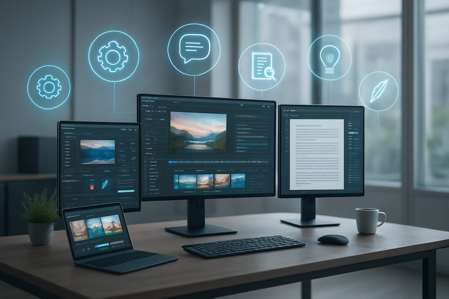 Create a realistic image of a modern workspace showing the transformation of content creation through AI tools, featuring a sleek desk with multiple monitors displaying various AI interfaces including video editing software, image generation tools, and writing assistants, surrounded by floating holographic icons representing different AI capabilities like automation gears, communication symbols, research documents, and creative elements, set against a clean contemporary office background with soft natural lighting streaming through large windows, conveying innovation and productivity enhancement, with a futuristic yet professional atmosphere that represents the revolutionary impact of AI on content creation workflows, absolutely NO text should be in the scene.