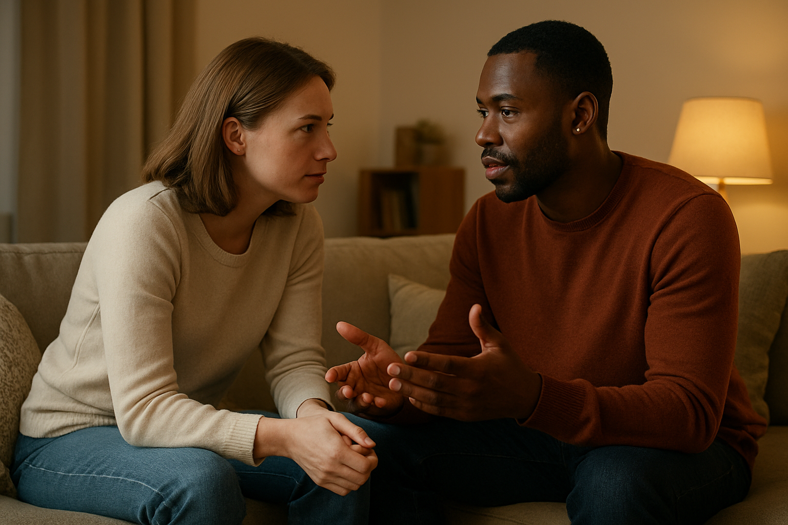 Create a realistic image of a diverse couple sitting close together on a comfortable couch in a warm, softly-lit living room, with a white female leaning forward attentively while a black male is speaking and gesturing gently with his hands, both maintaining eye contact and displaying engaged facial expressions that show they are deeply focused on their conversation, surrounded by cozy home elements like soft pillows and warm ambient lighting from a nearby lamp, capturing an intimate moment of genuine communication and connection, absolutely NO text should be in the scene.