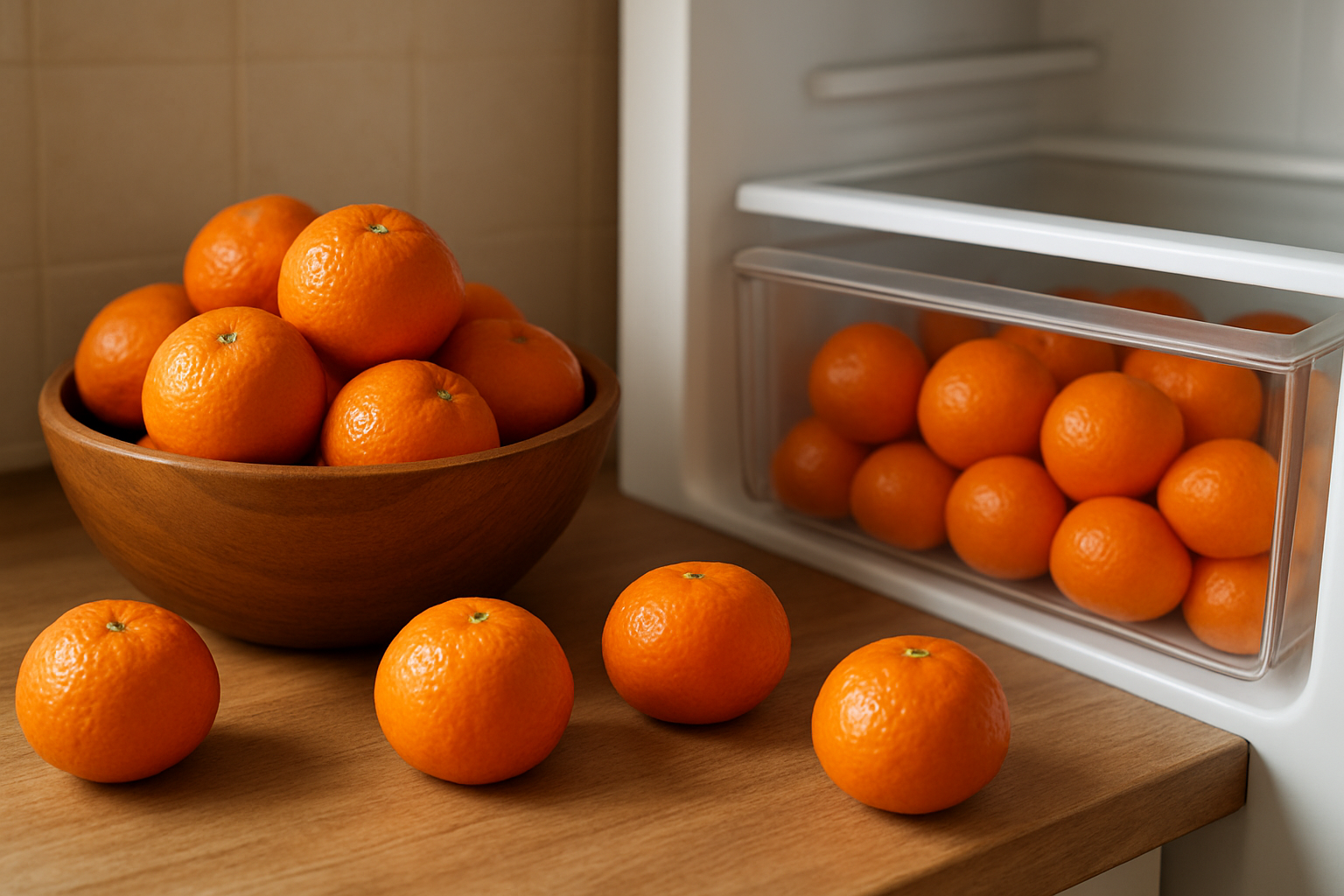 Create a realistic image of fresh clementines in various stages of selection and storage, showing some whole perfect clementines with bright orange peels in a wooden bowl, a few slightly imperfect ones set aside, and clementines stored in a refrigerator crisper drawer and on a kitchen counter, with soft natural lighting highlighting the vibrant orange colors and textures of the fruit peels, kitchen setting with warm ambient lighting, absolutely NO text should be in the scene.