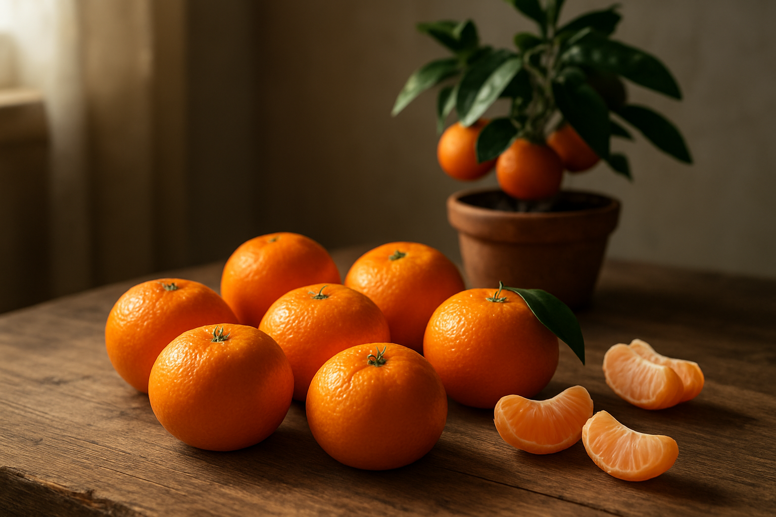 Create a realistic image of fresh mandarin oranges arranged on a rustic wooden table with some peeled segments displayed nearby, a small potted mandarin tree with green leaves and orange fruits in the background, soft natural lighting streaming from a window creating warm shadows, creating a wholesome and inviting atmosphere that represents the complete journey from understanding to growing mandarin fruits, absolutely NO text should be in the scene.