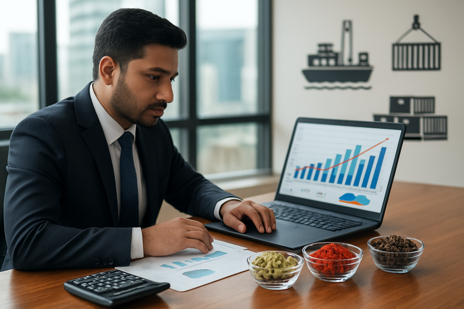 Create a realistic image of a modern business office setting with a South Asian male businessman in a suit analyzing financial charts and graphs on a laptop screen, with premium Indian spices like cardamom pods, saffron strands, and whole cloves arranged in small glass bowls on a polished wooden desk, alongside shipping containers and cargo symbols in the background, bright natural lighting from large windows creating a professional atmosphere, with calculator and financial documents visible on the desk, conveying economic growth and international trade success, absolutely NO text should be in the scene.