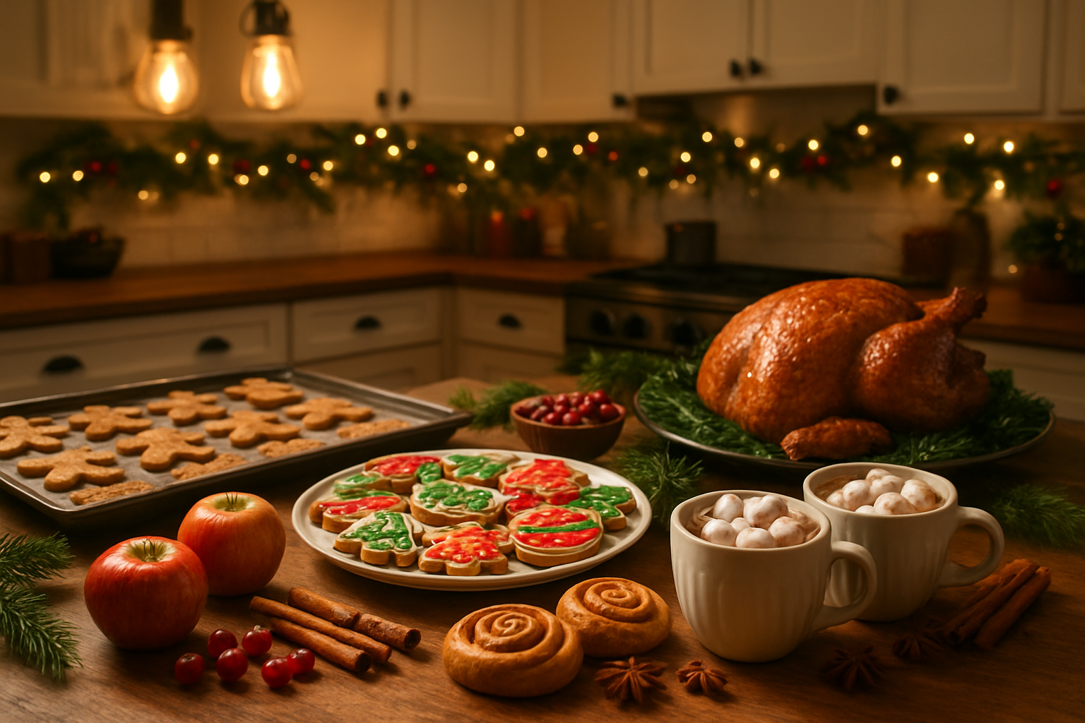 Create a realistic image of a festive kitchen scene with a wooden countertop displaying an array of Christmas baking and cooking activities, including freshly baked gingerbread cookies, decorated sugar cookies with red and green icing, a golden roasted turkey or ham, steaming hot chocolate in mugs topped with marshmallows, cinnamon rolls, holiday spices like cinnamon sticks and star anise scattered around, red and green apples, cranberries, pine sprigs as natural decorations, warm golden lighting from overhead pendant lights, cozy kitchen background with cabinets and holiday garland, creating a warm and inviting culinary Christmas atmosphere, absolutely NO text should be in the scene.